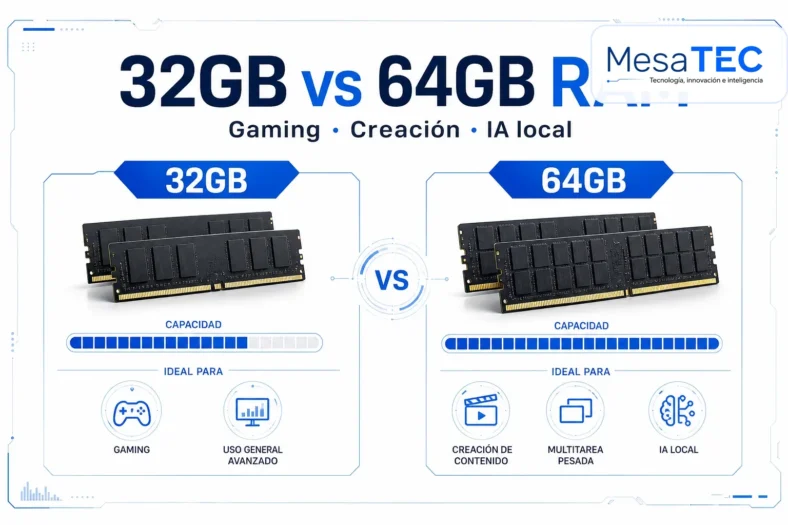 32GB vs 64GB de RAM: cuánta memoria necesitas para gaming, edición e IA local - MesaTEC logo original WebP