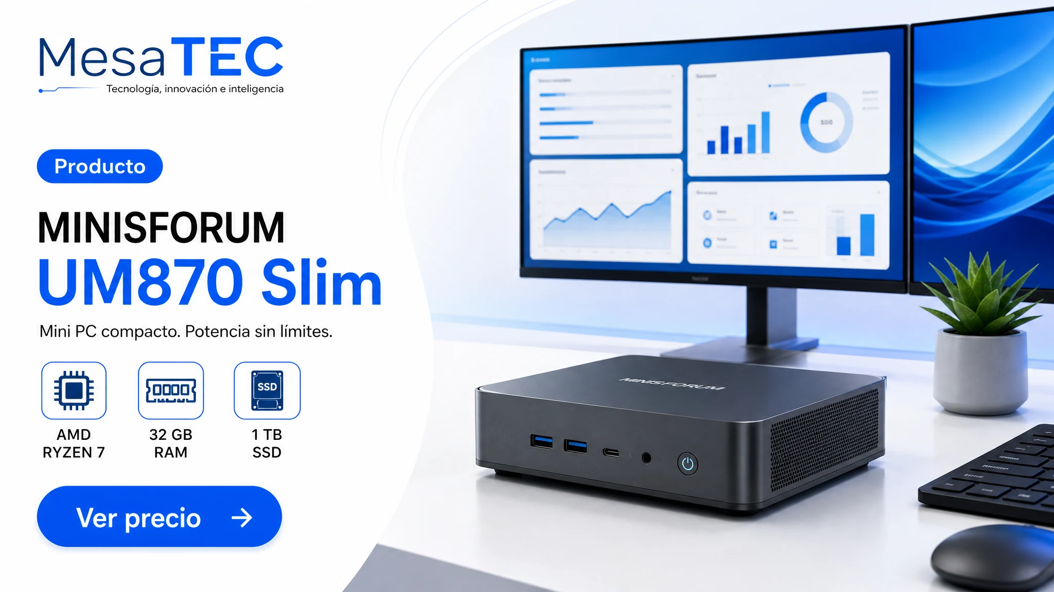 MINISFORUM UM870 Slim en imagen de producto MesaTEC generada con Image 2.0