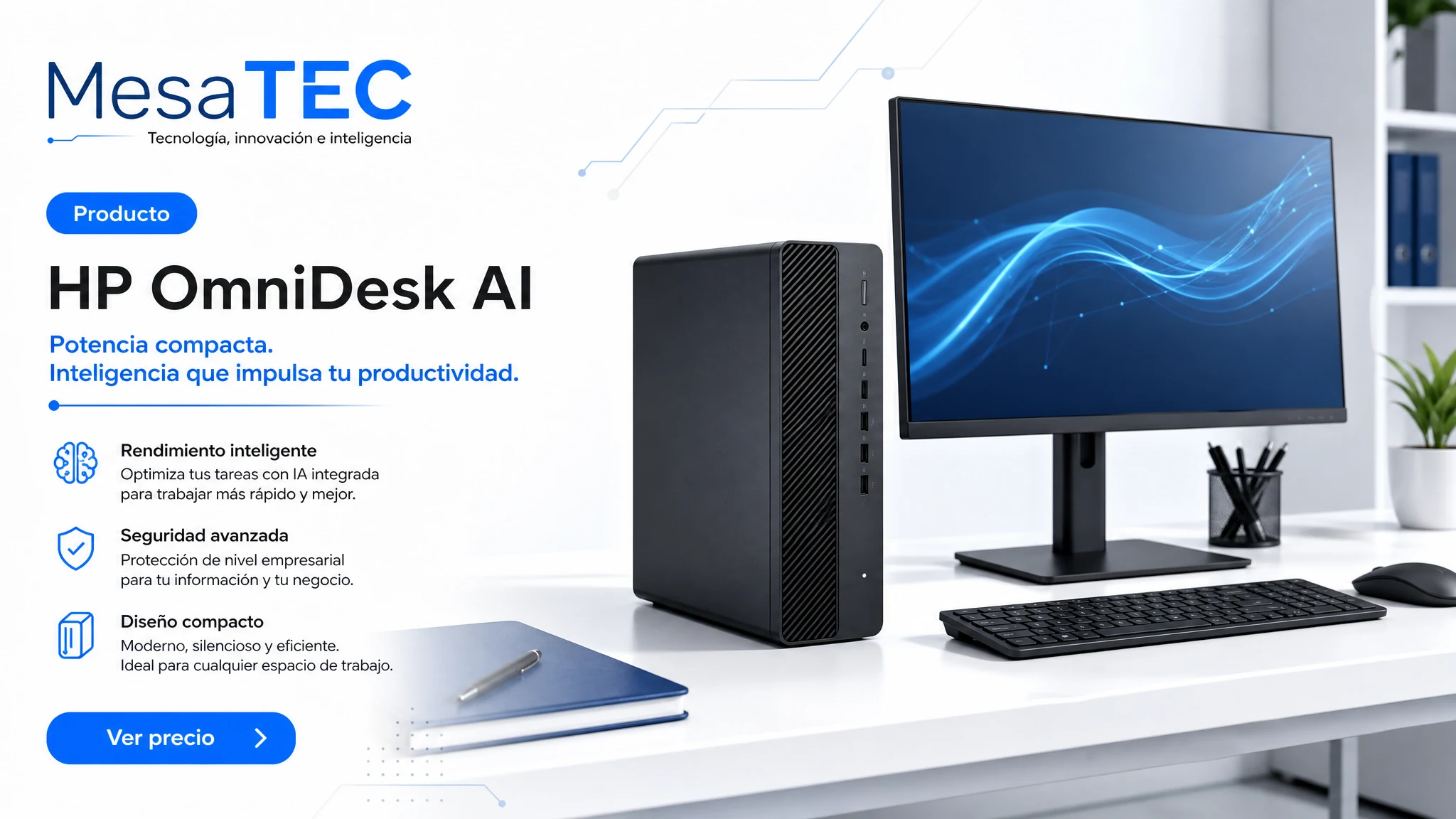 HP OmniDesk AI en imagen de producto MesaTEC generada con Image 2.0