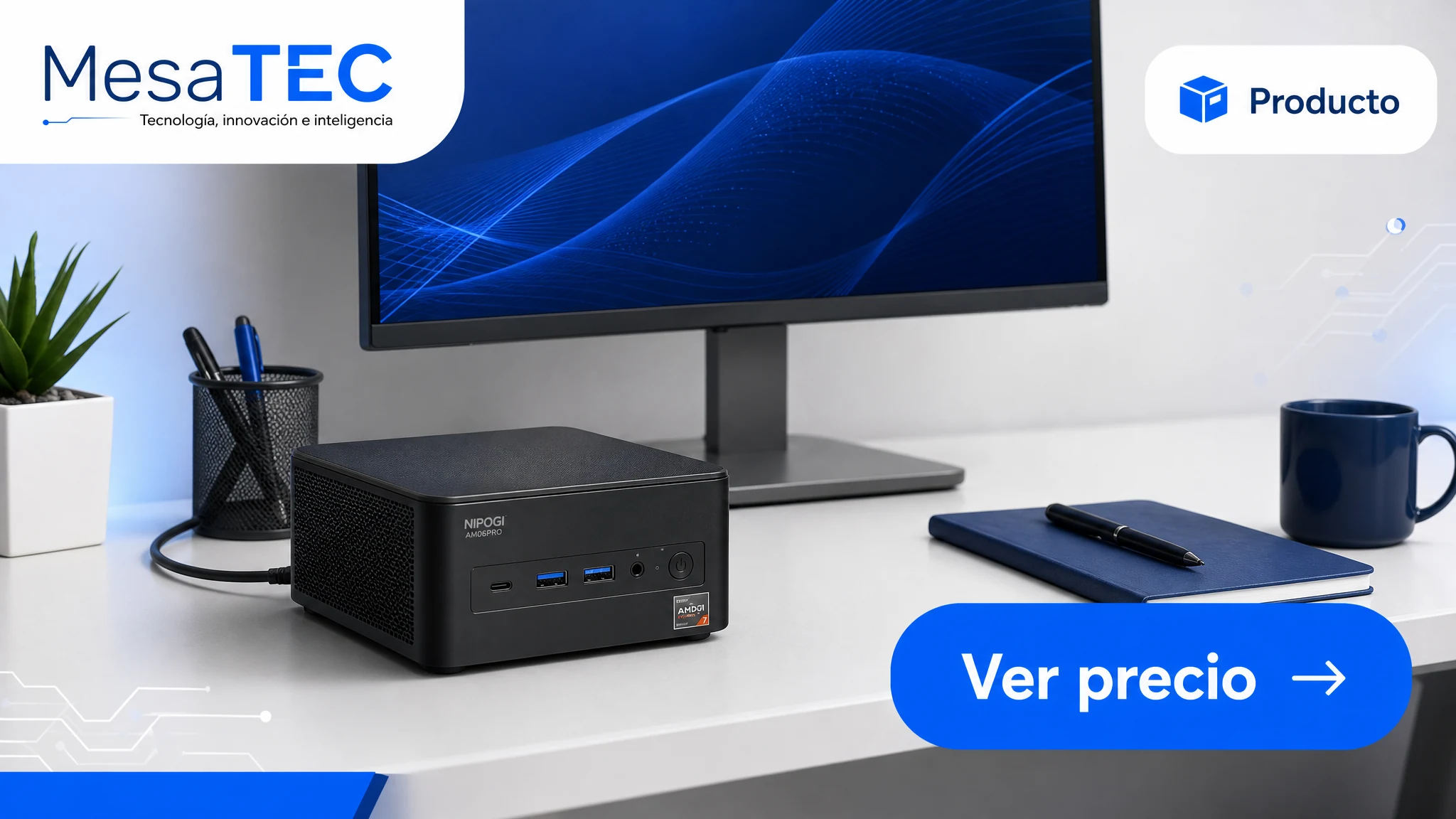 NiPoGi AM06PRO Ryzen 7 en imagen de producto MesaTEC generada con Image 2.0