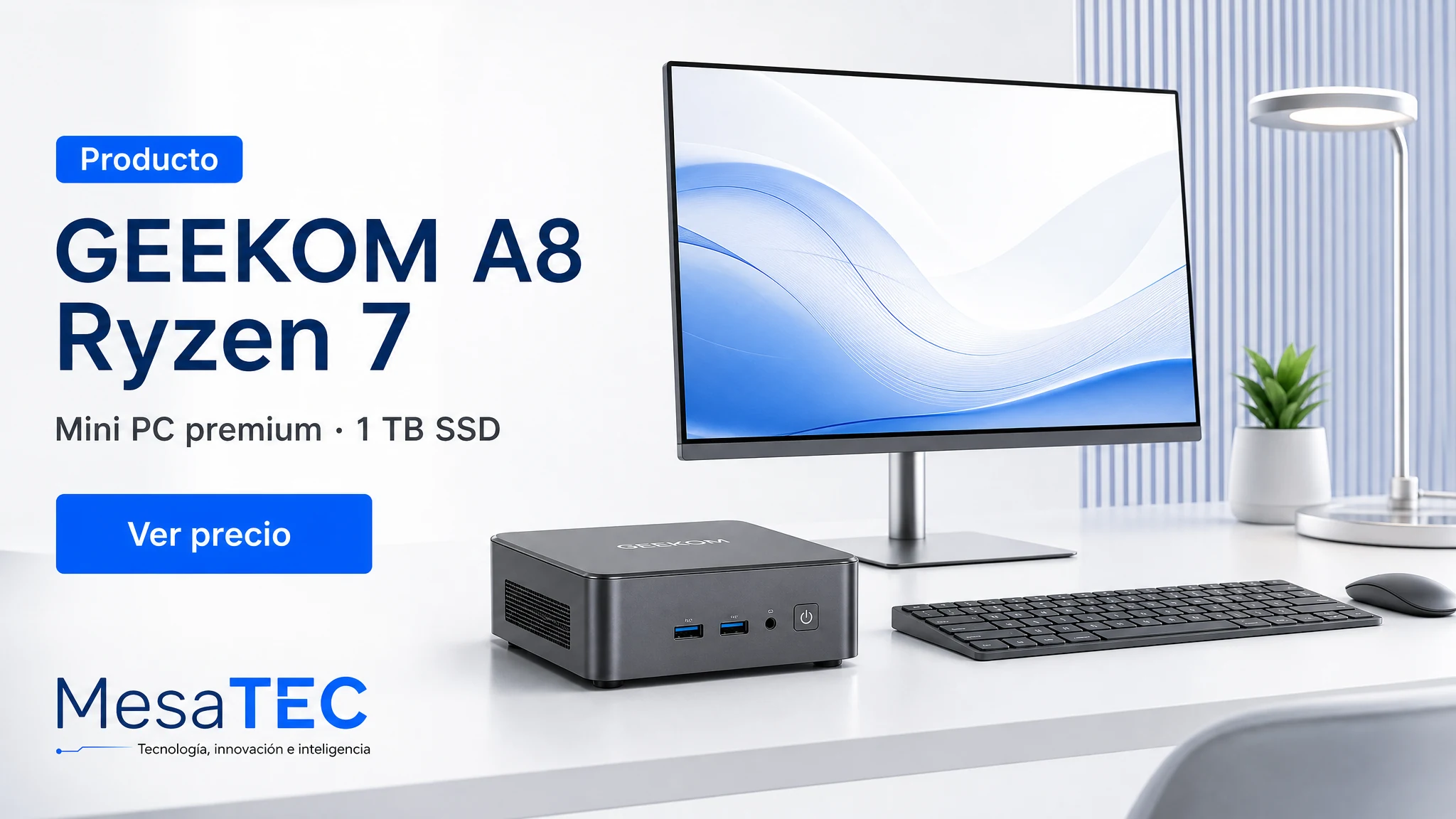 GEEKOM A8 Ryzen 7 en imagen de producto MesaTEC generada con Image 2.0