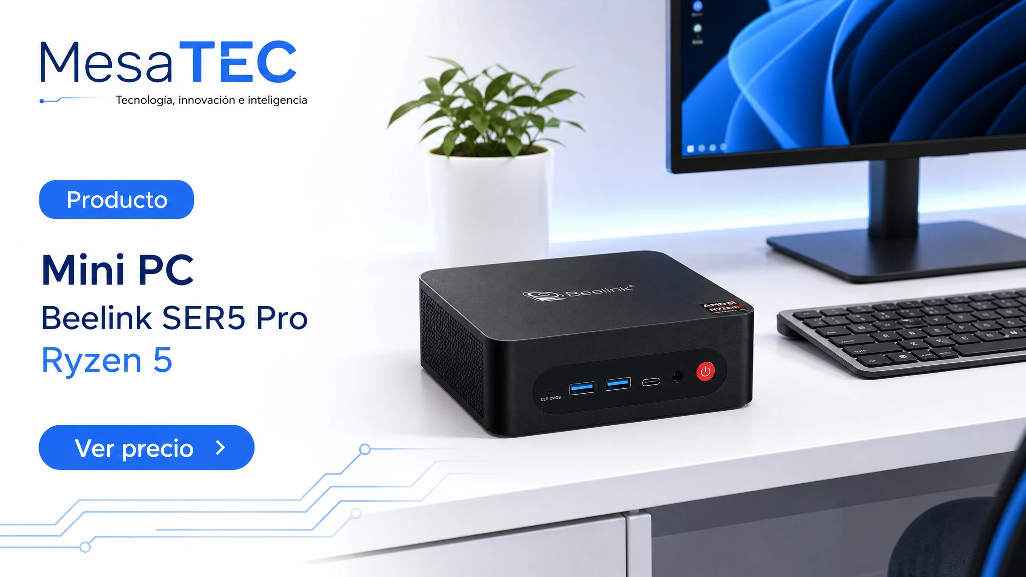 Beelink SER5 Pro Ryzen 5 en imagen de producto MesaTEC generada con Image 2.0