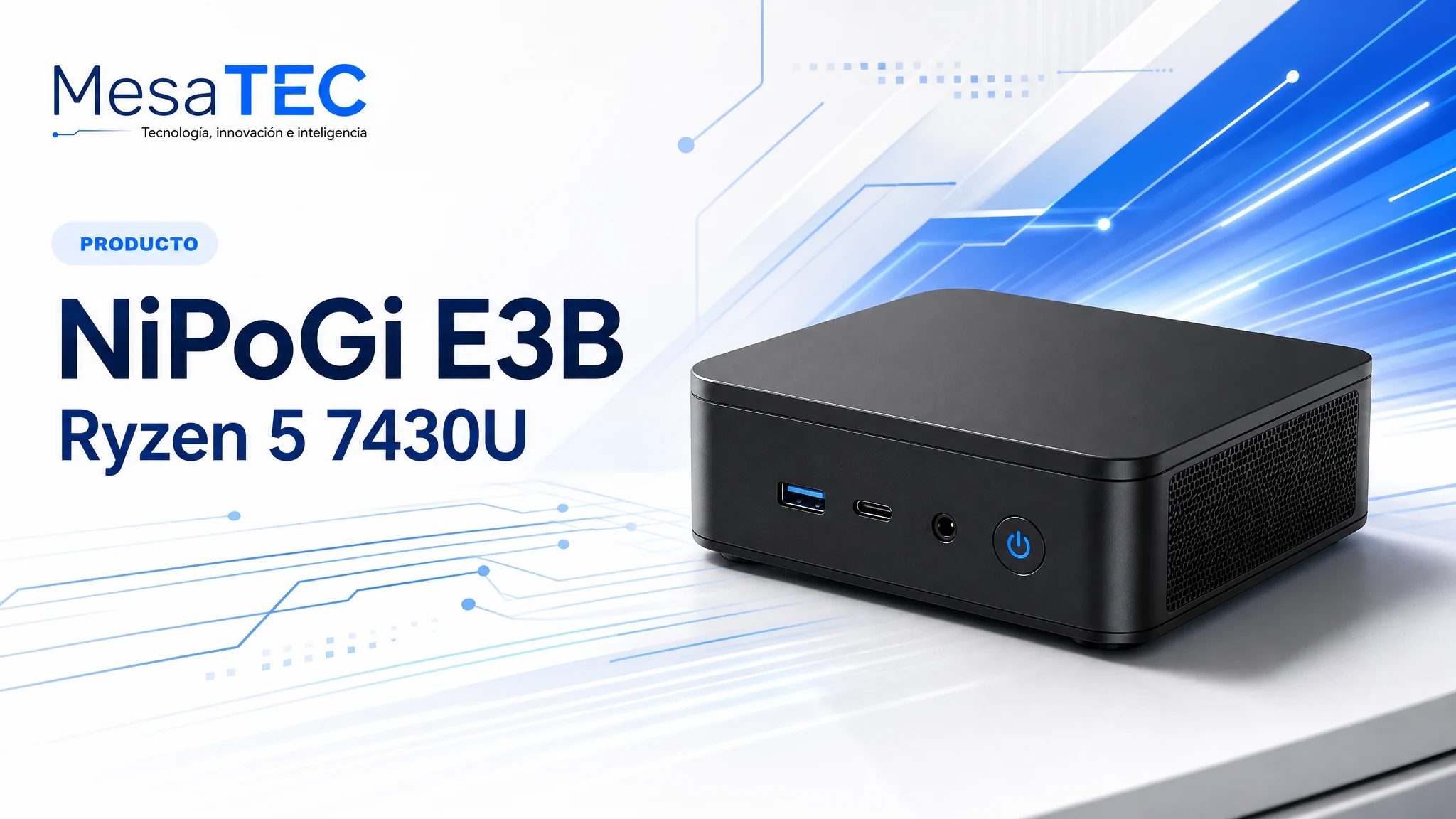 NiPoGi E3B Ryzen 5 7430U en imagen de producto MesaTEC generada con Image 2.0