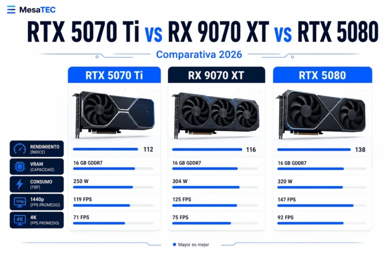 RTX 5070 Ti vs RX 9070 XT vs RTX 5080 - imagen editorial MesaTEC