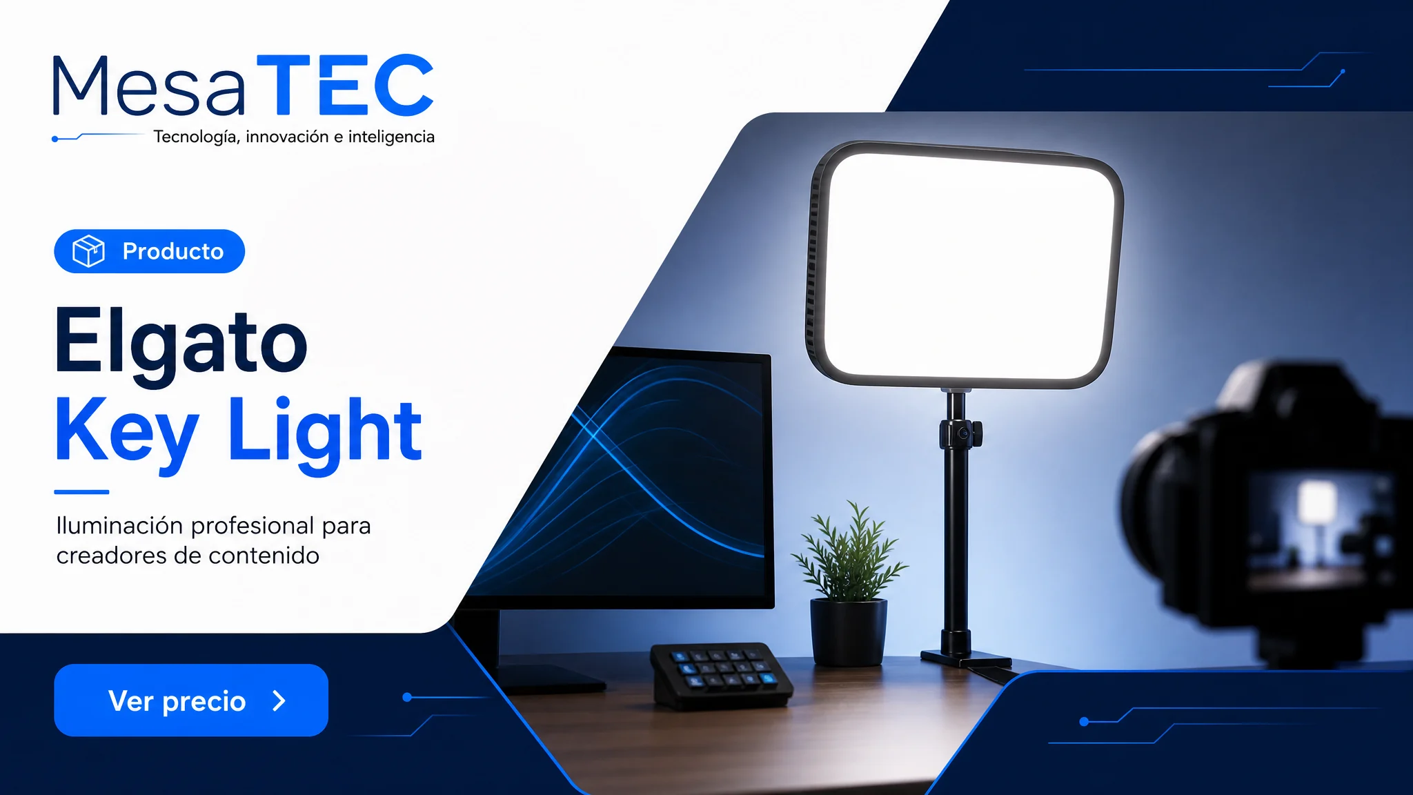 Elgato Key Light en imagen de producto MesaTEC generada con Image 2.0