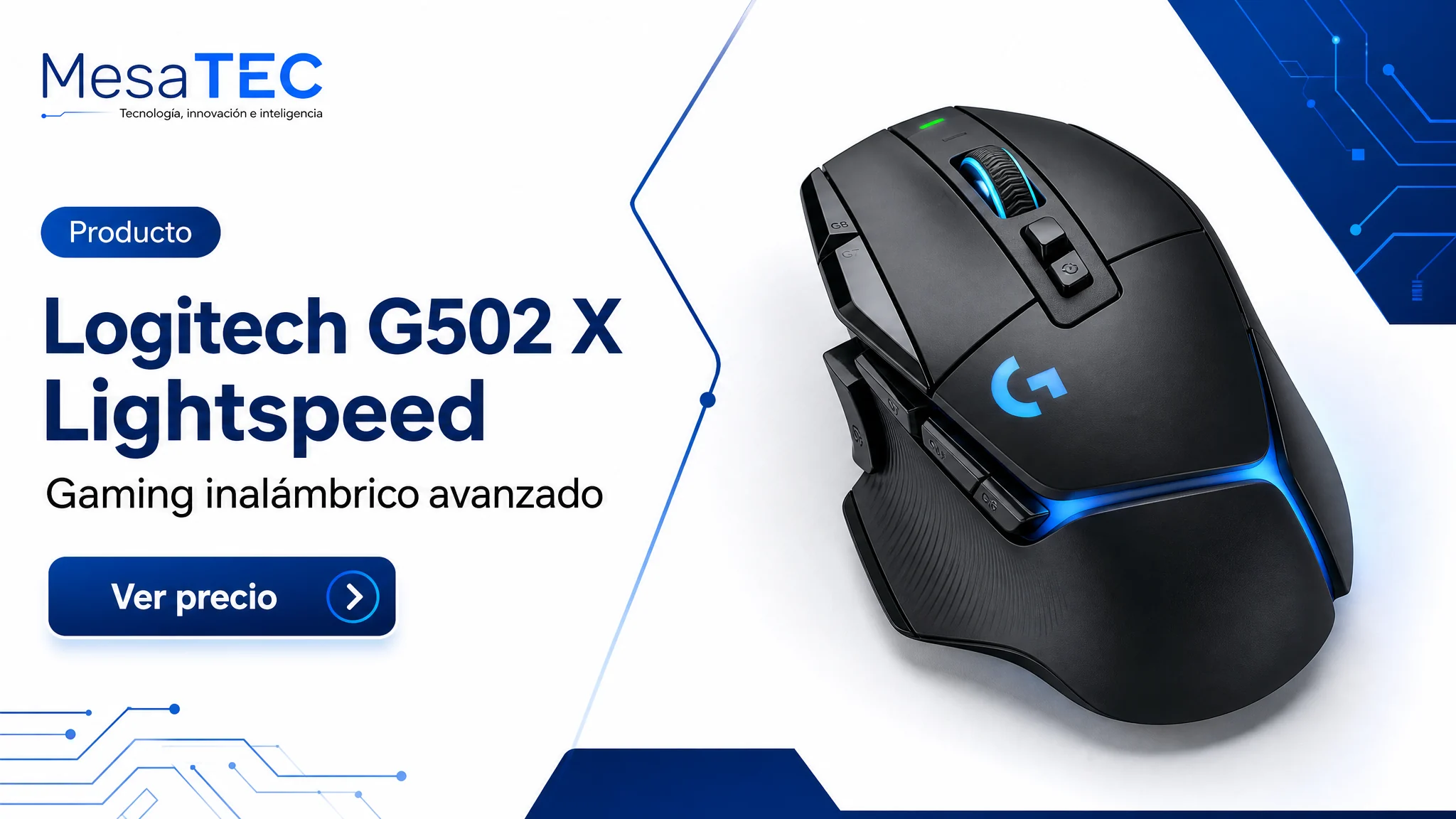 Logitech G502 X Lightspeed en imagen de producto MesaTEC generada con Image 2.0