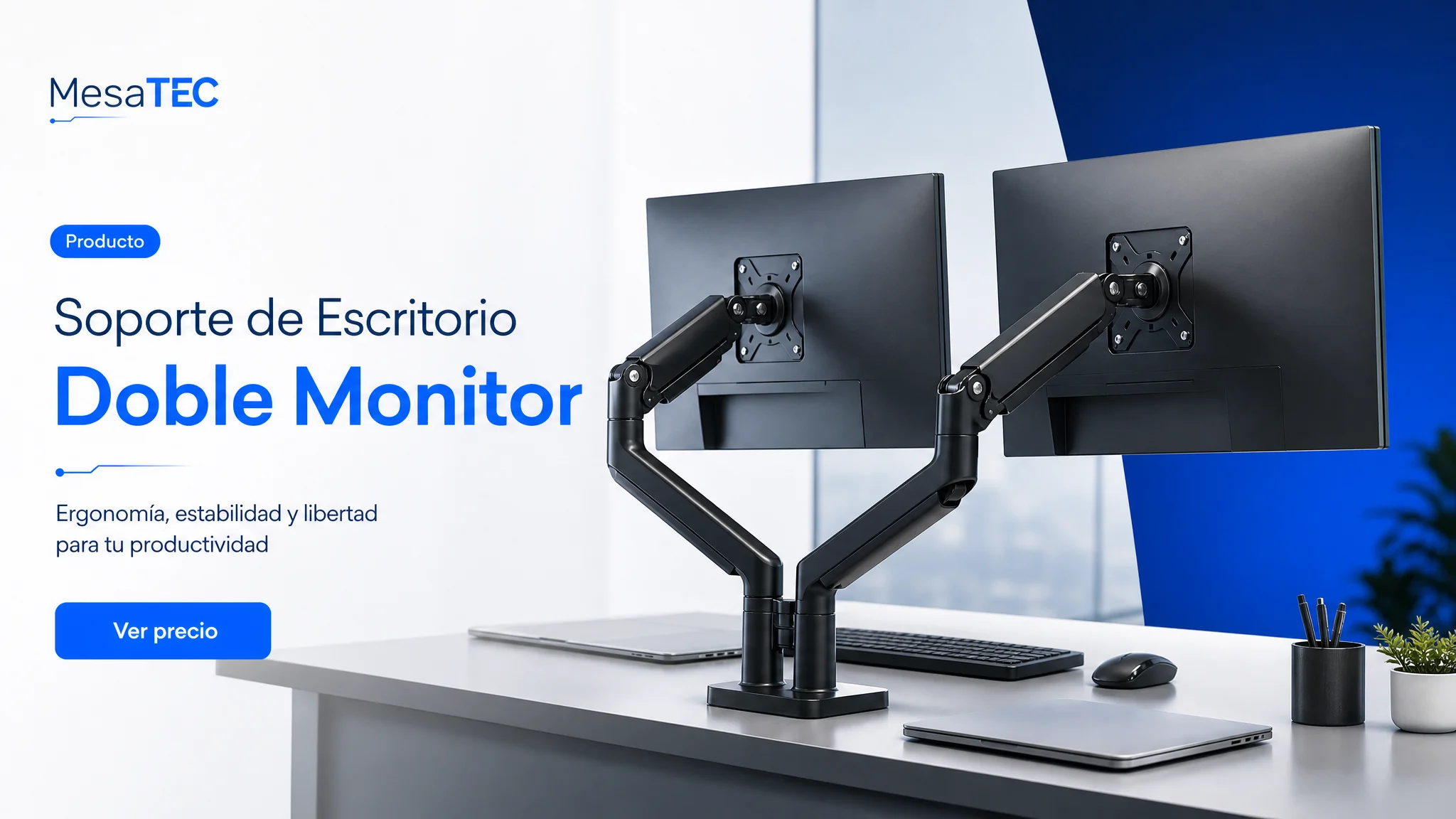 HUANUO brazo doble 32" en imagen de producto MesaTEC generada con Image 2.0