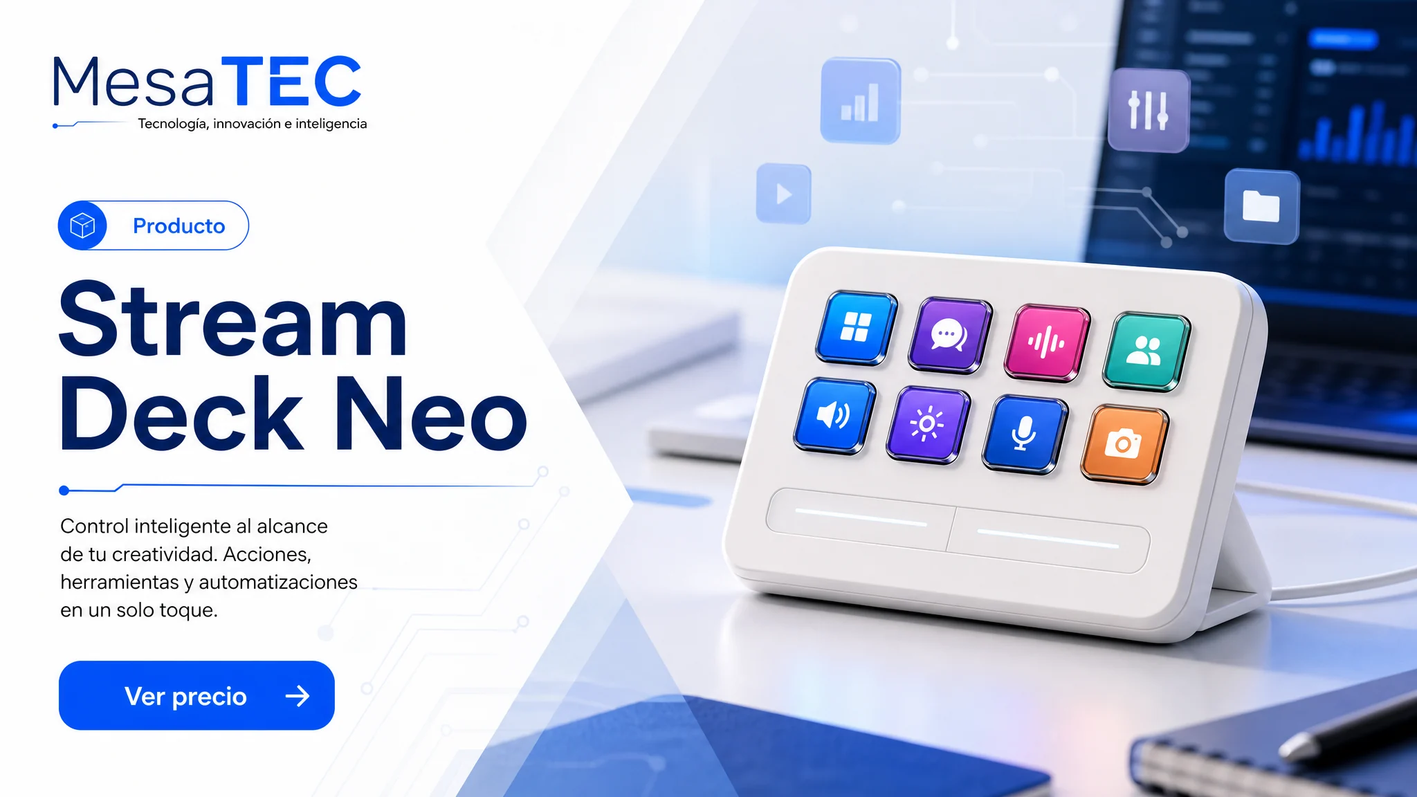 Elgato Stream Deck Neo en imagen de producto MesaTEC generada con Image 2.0