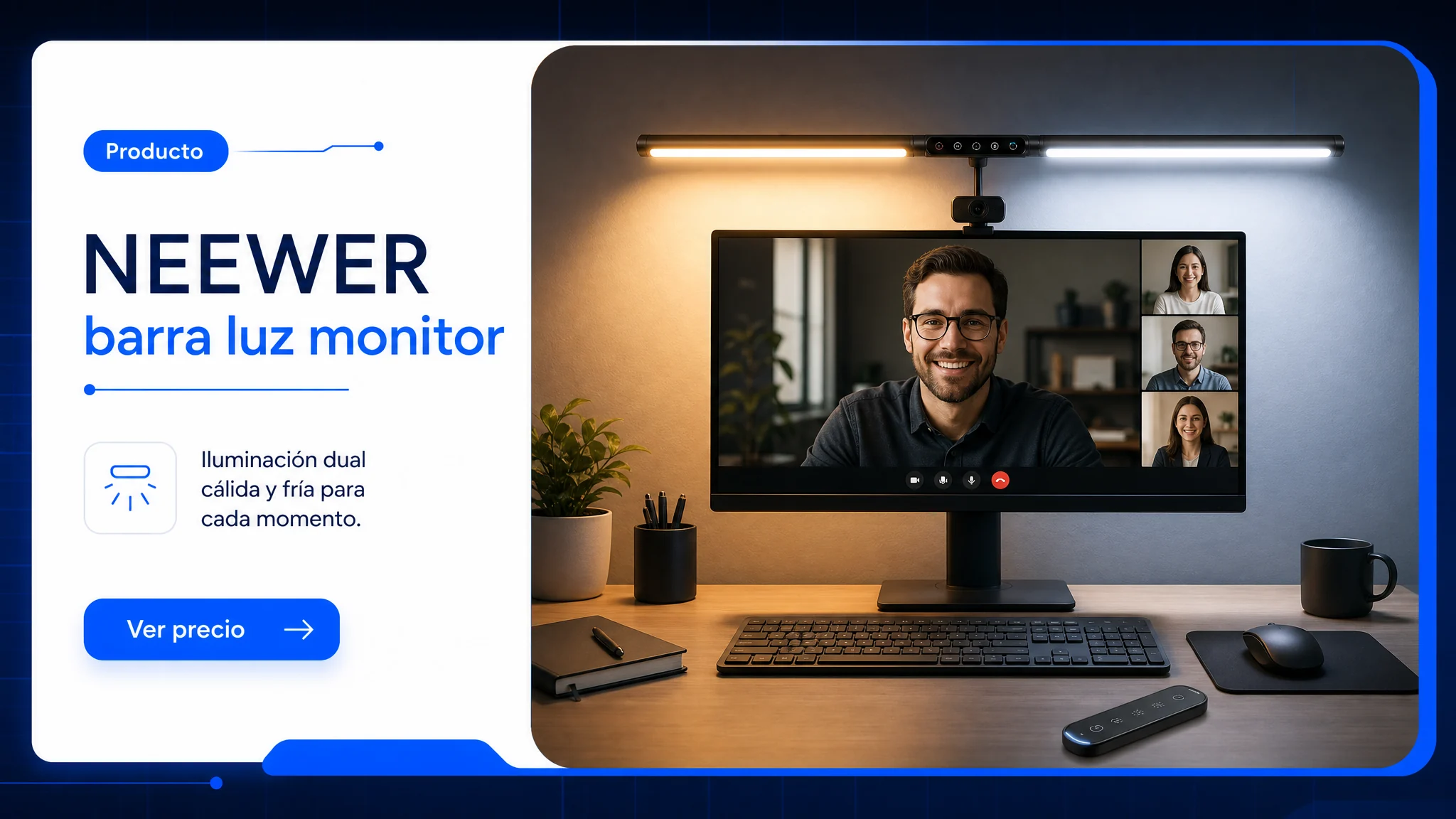 NEEWER barra luz monitor dual en imagen de producto MesaTEC generada con Image 2.0