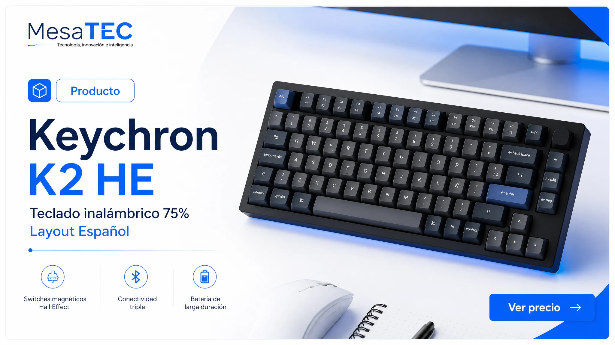 Keychron K2 HE Teclado Inalámbrico Español en imagen de producto MesaTEC generada con Image 2.0