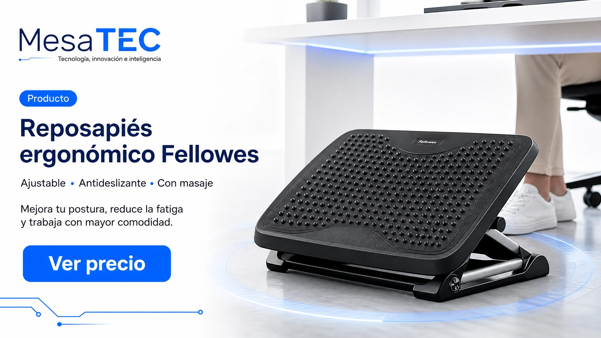 Fellowes reposapiés ergonómico en imagen de producto MesaTEC generada con Image 2.0