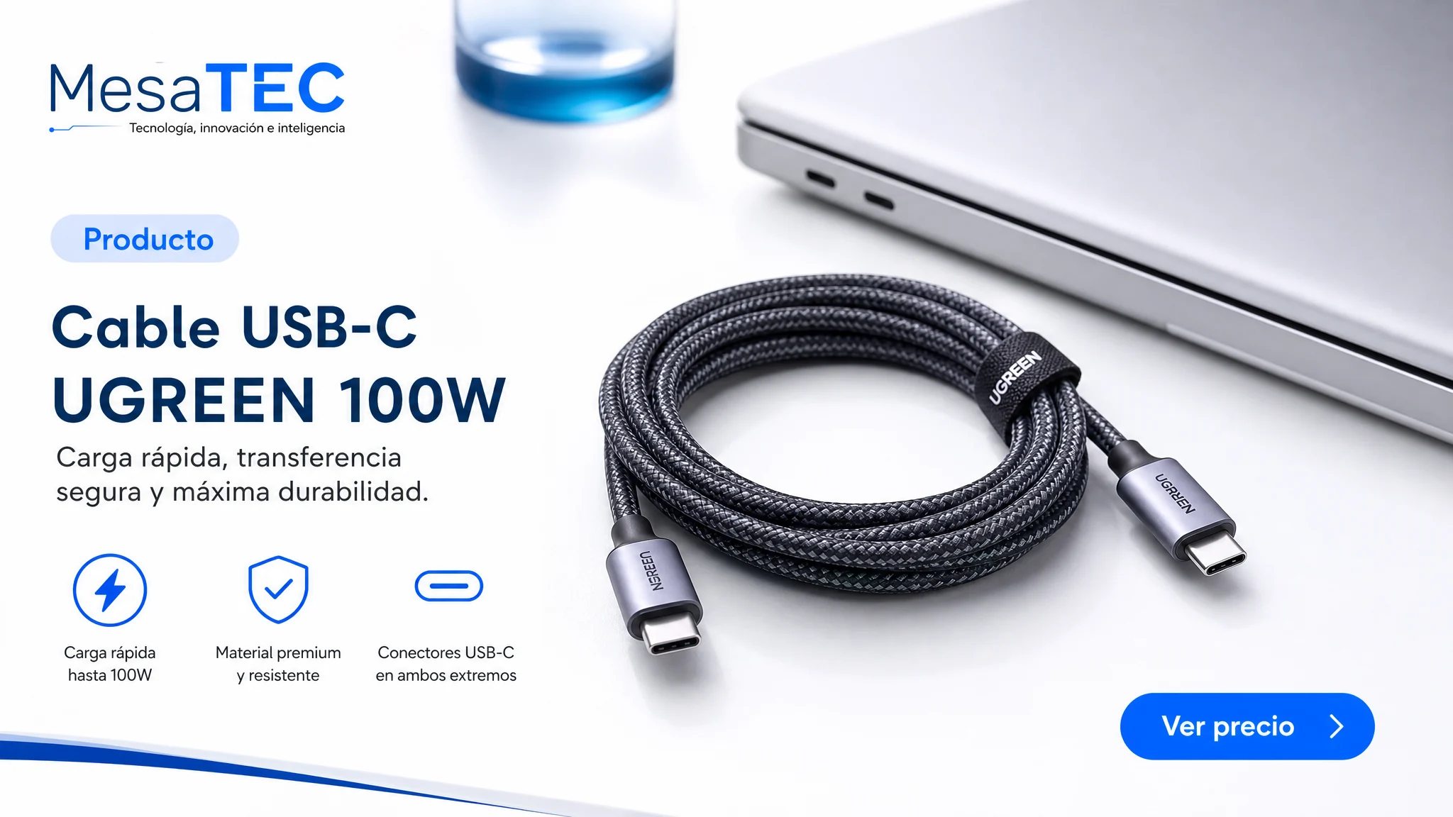 UGREEN USB-C 100W 1 m en imagen de producto MesaTEC generada con Image 2.0