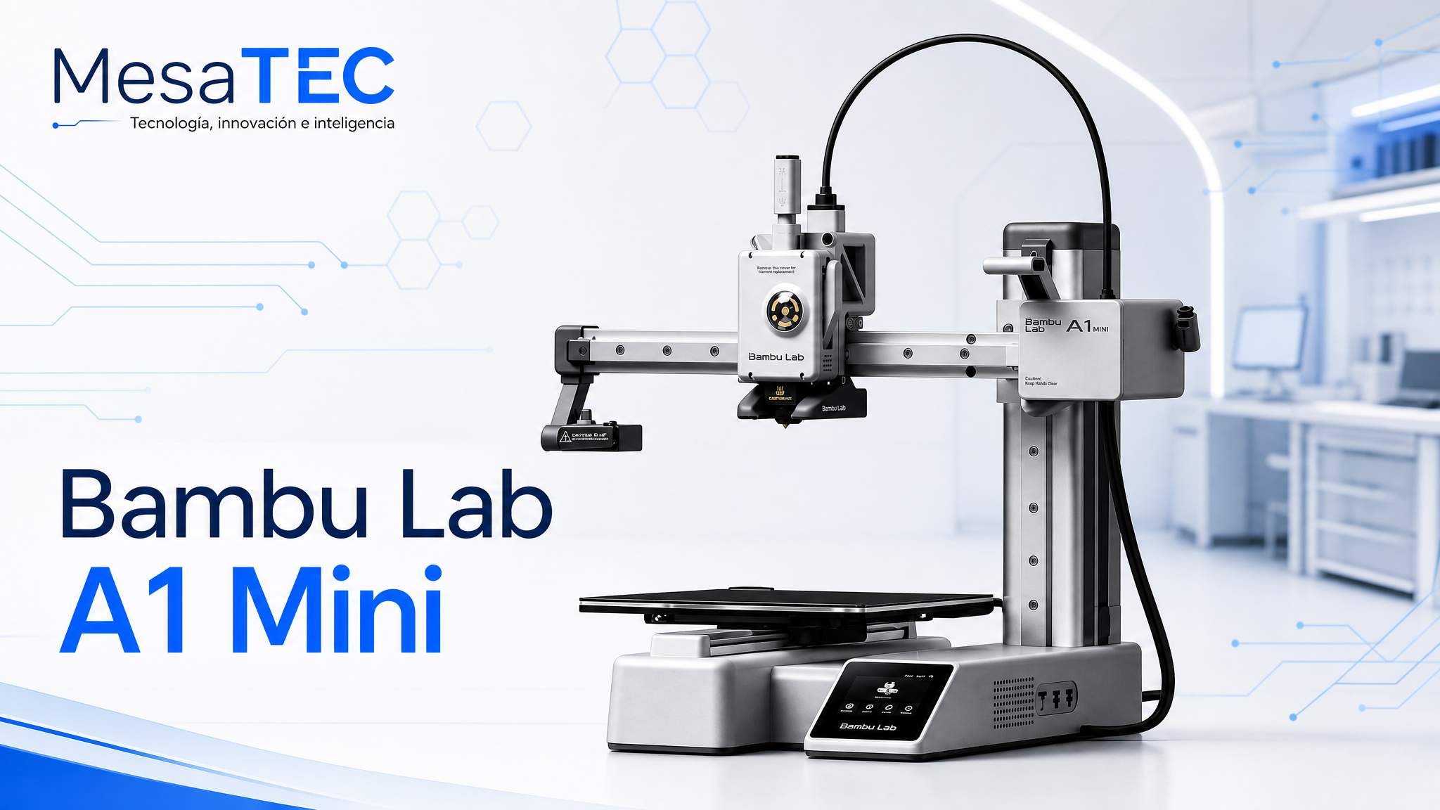Bambu Lab A1 Mini - imagen MesaTEC con texto integrado y logo editorial