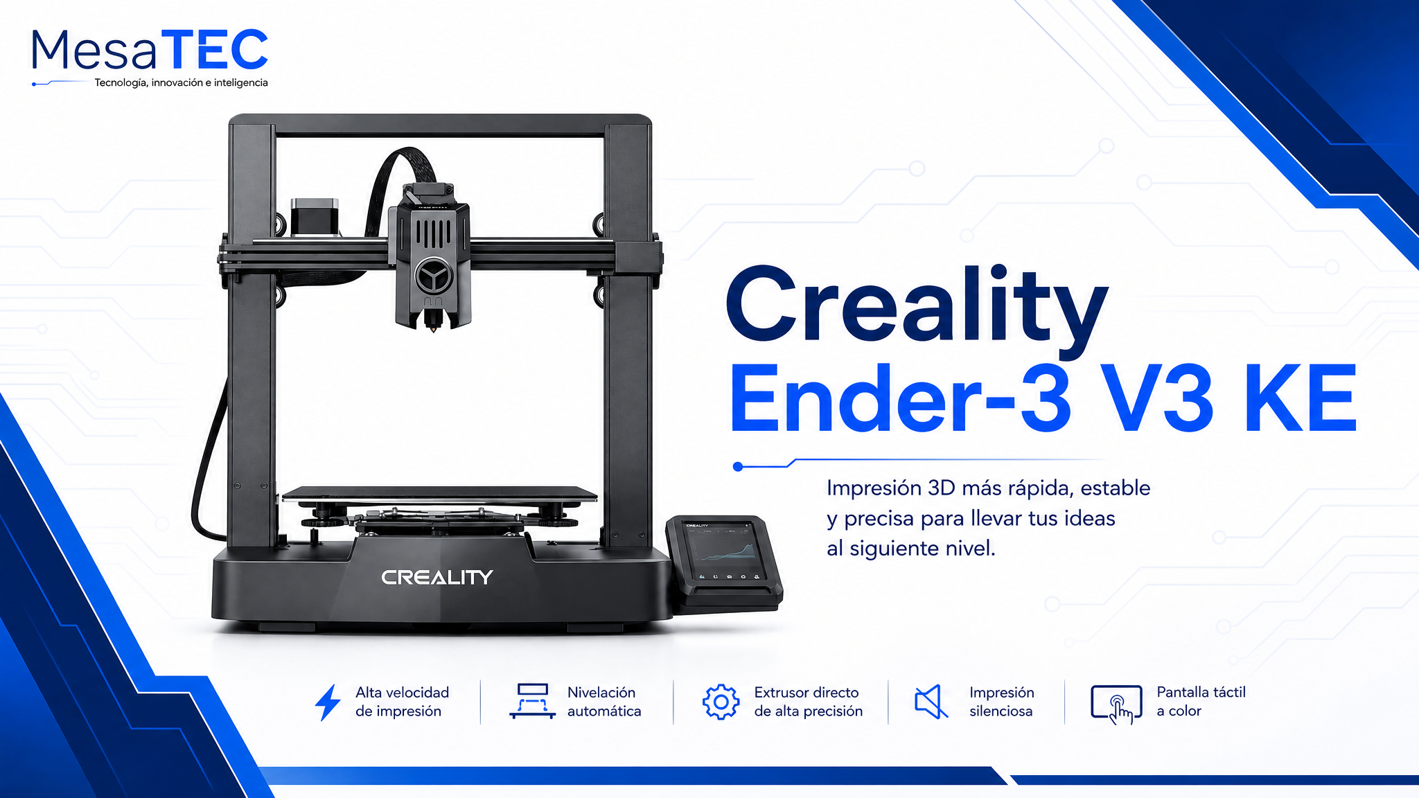 Creality Ender-3 V3 KE - imagen MesaTEC con texto integrado y logo editorial