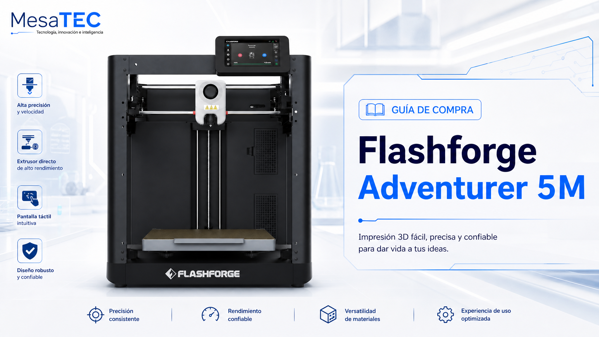 Flashforge Adventurer 5M - imagen MesaTEC con texto integrado y logo editorial