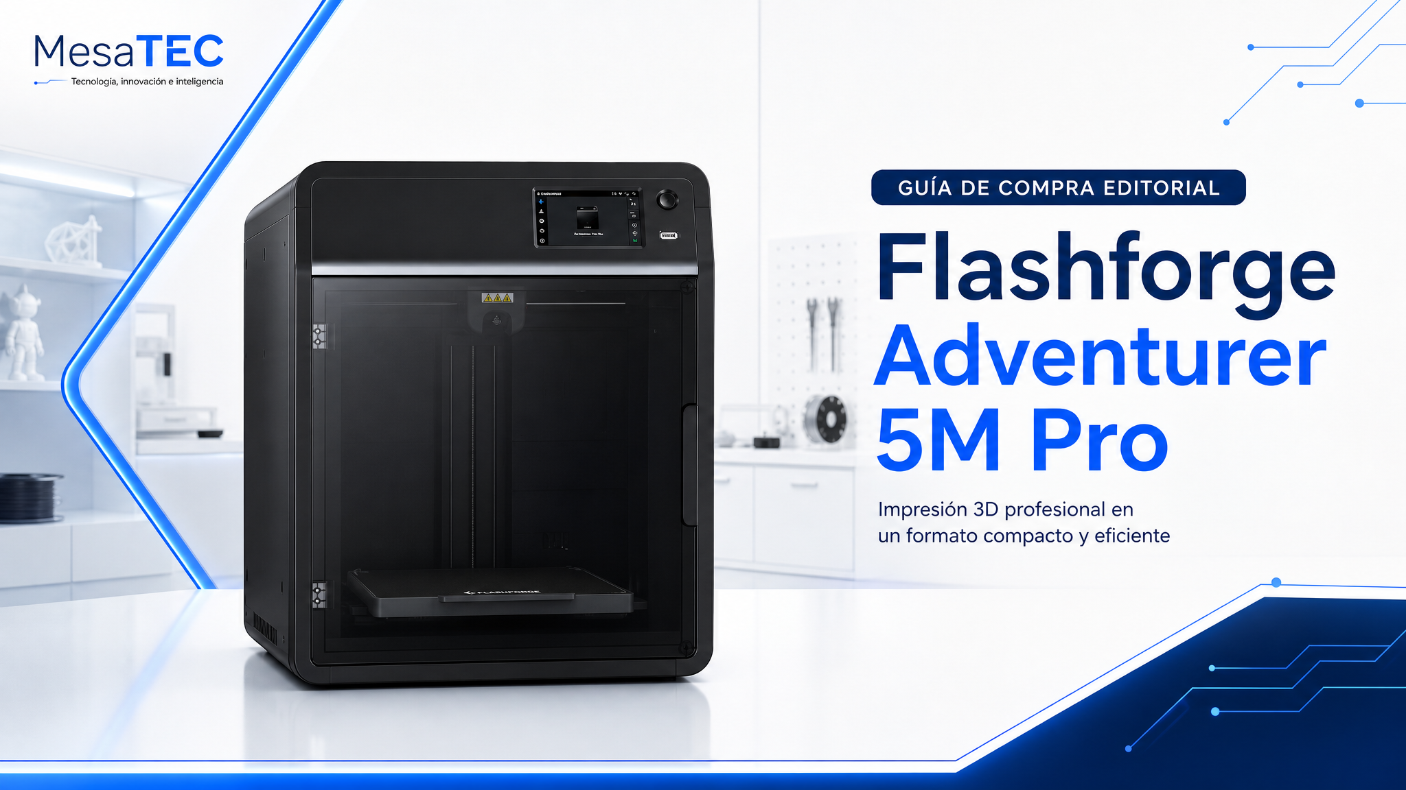 Flashforge Adventurer 5M Pro - imagen MesaTEC con texto integrado y logo editorial