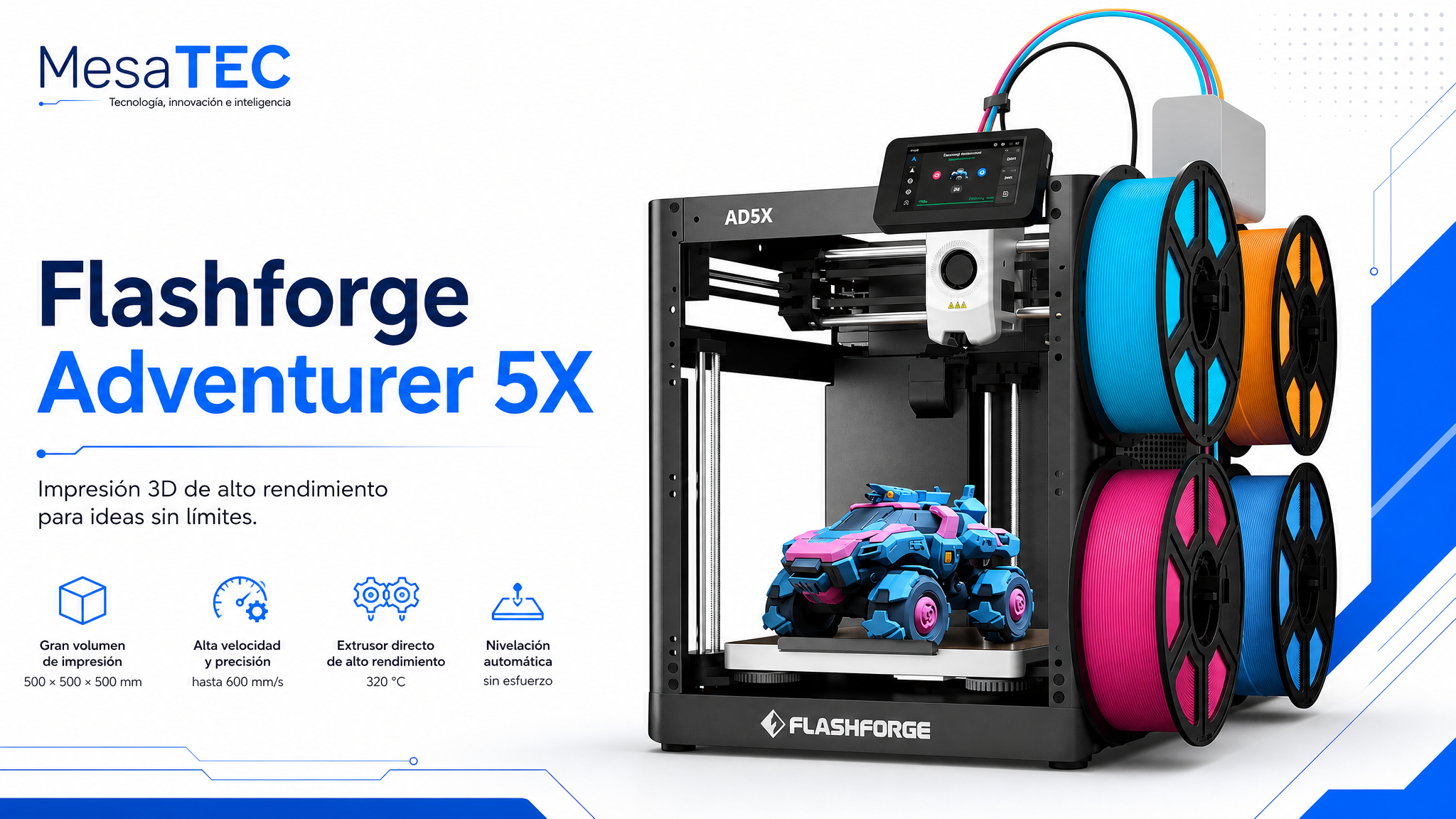 Flashforge Adventurer 5X - imagen MesaTEC con texto integrado y logo editorial