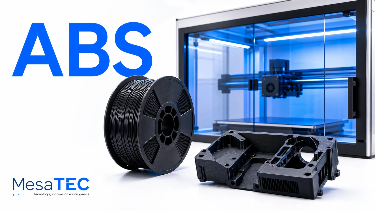 Imagen MesaTEC de filamento ABS con texto integrado y logo oficial