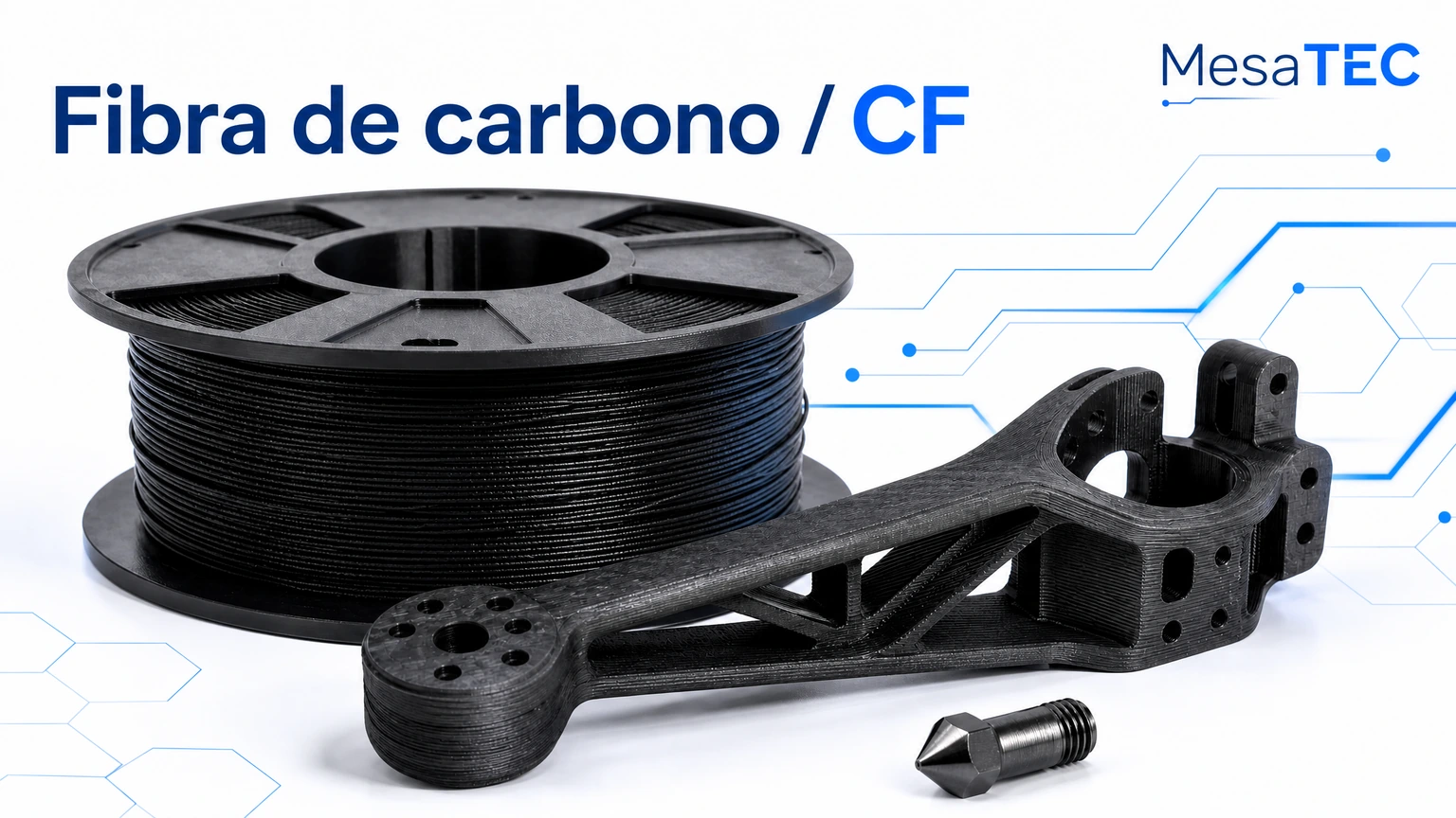 Imagen MesaTEC de filamento fibra de carbono / CF con texto integrado y logo oficial