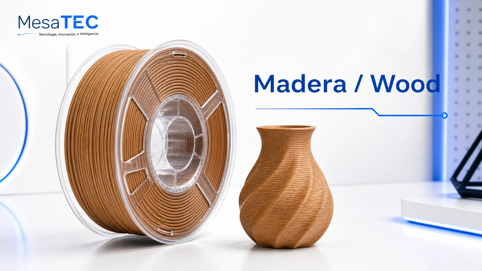 Imagen MesaTEC de filamento madera / wood con texto integrado y logo oficial
