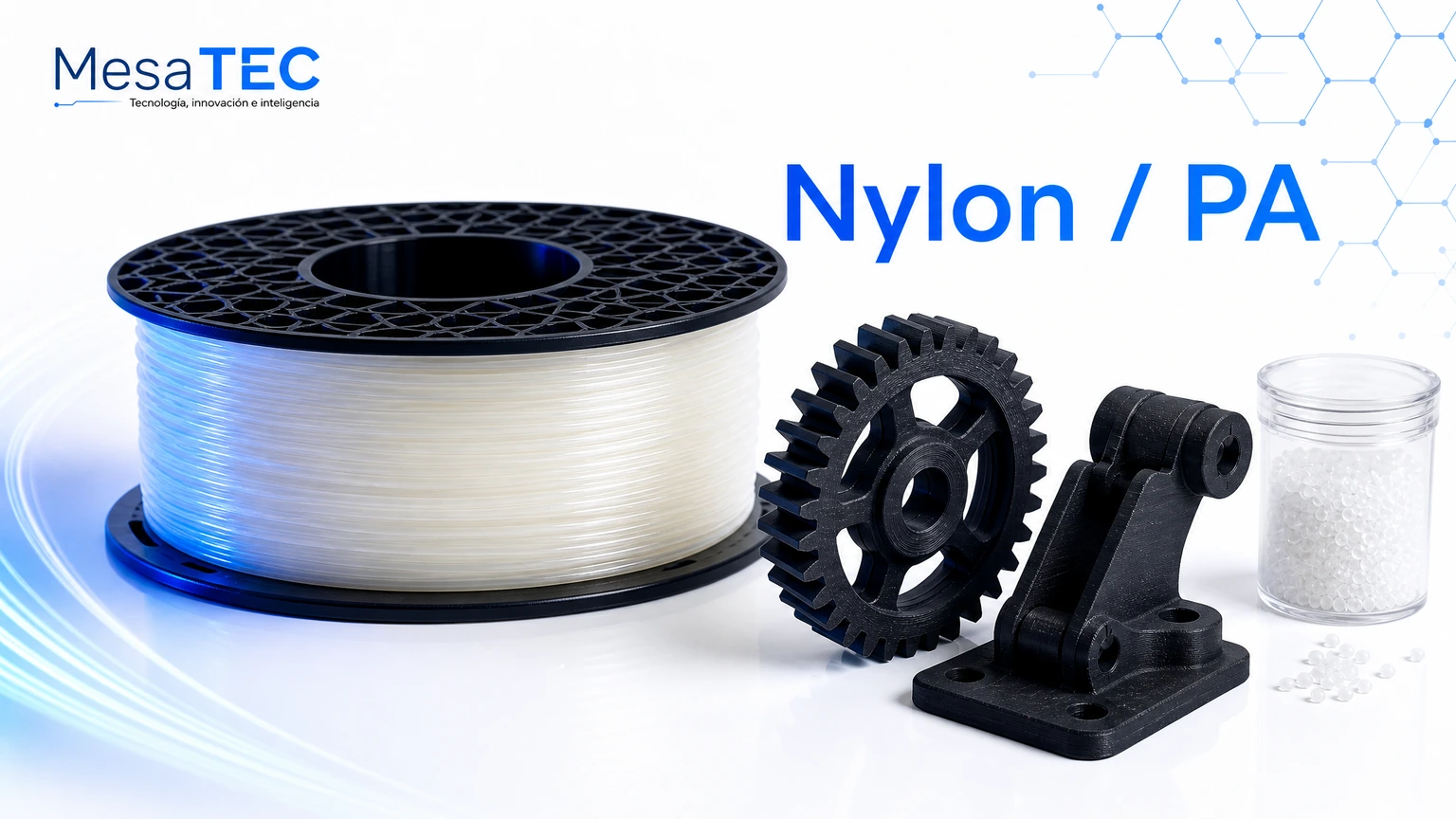 Imagen MesaTEC de filamento Nylon / PA con texto integrado y logo oficial