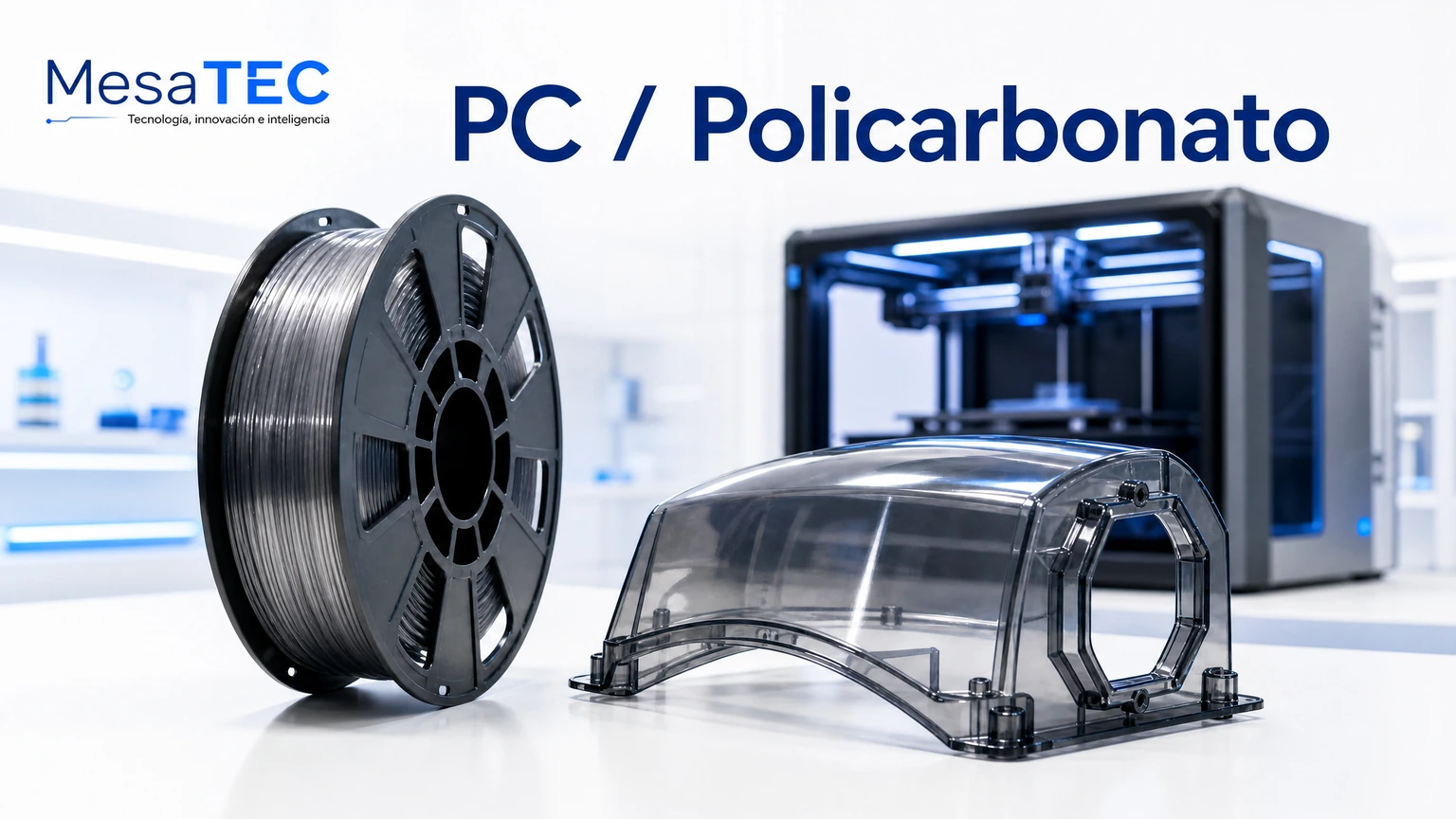 Imagen MesaTEC de filamento PC / Policarbonato con texto integrado y logo oficial