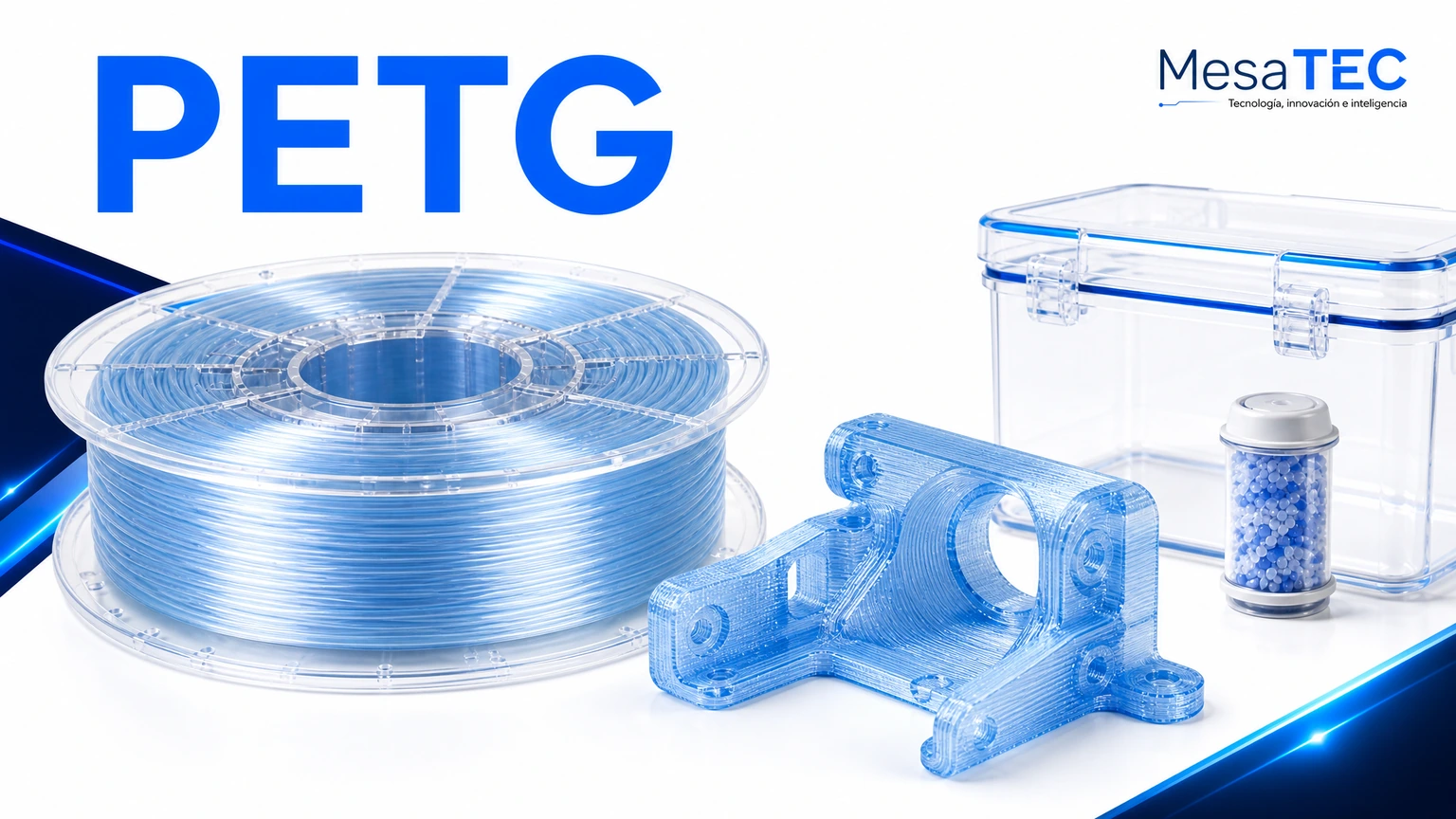 Imagen MesaTEC de filamento PETG con texto integrado y logo oficial