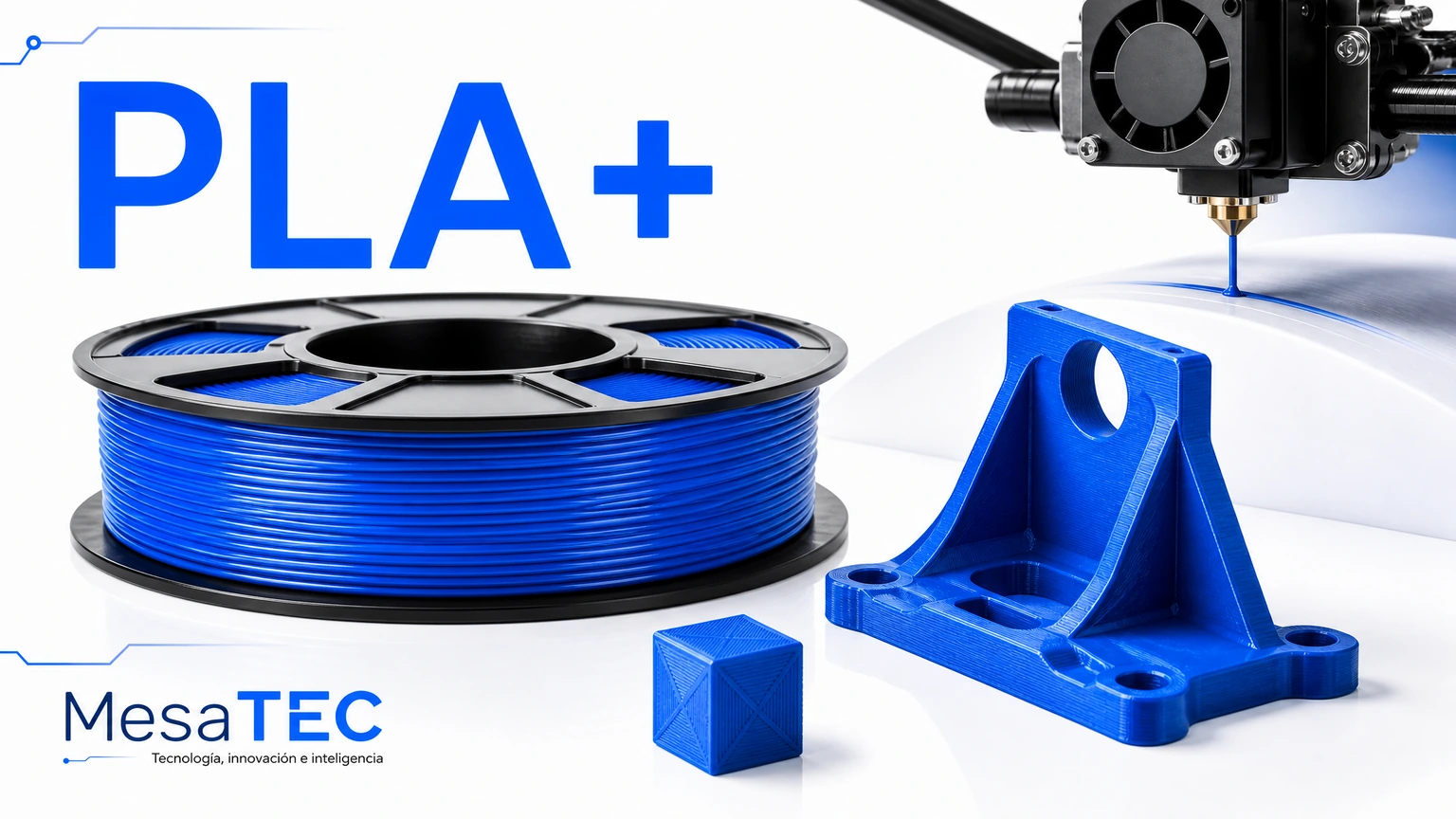 Imagen MesaTEC de filamento PLA+ con texto integrado y logo oficial