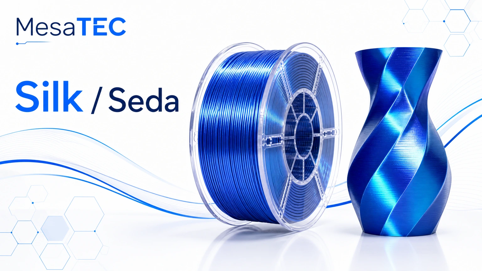 Imagen MesaTEC de filamento Silk / Seda con texto integrado y logo oficial
