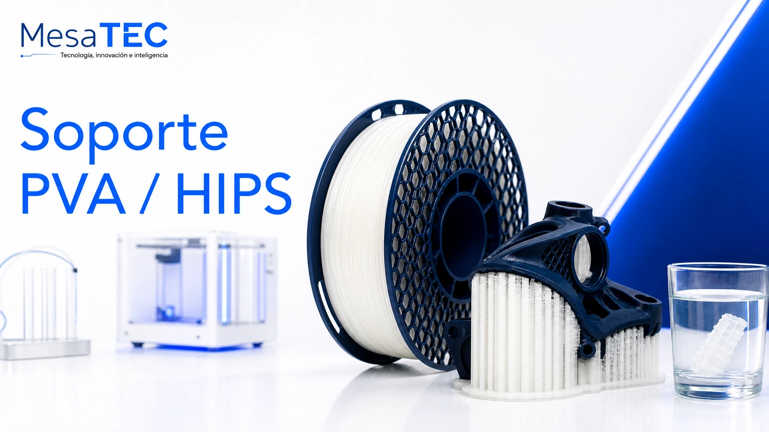 Imagen MesaTEC de filamento soporte PVA / HIPS con texto integrado y logo oficial