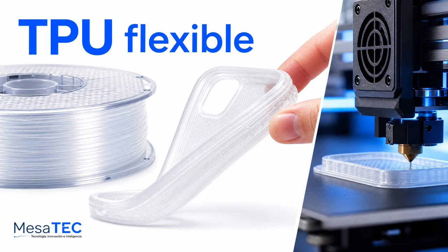 Imagen MesaTEC de filamento TPU flexible con texto integrado y logo oficial