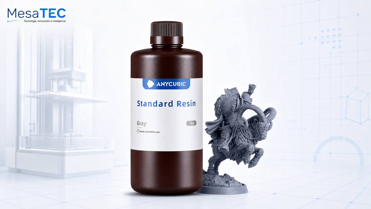 ANYCUBIC Standard Resin 405 nm Grey 1 kg - imagen editorial MesaTEC 16:9 para resinas de impresora 3D