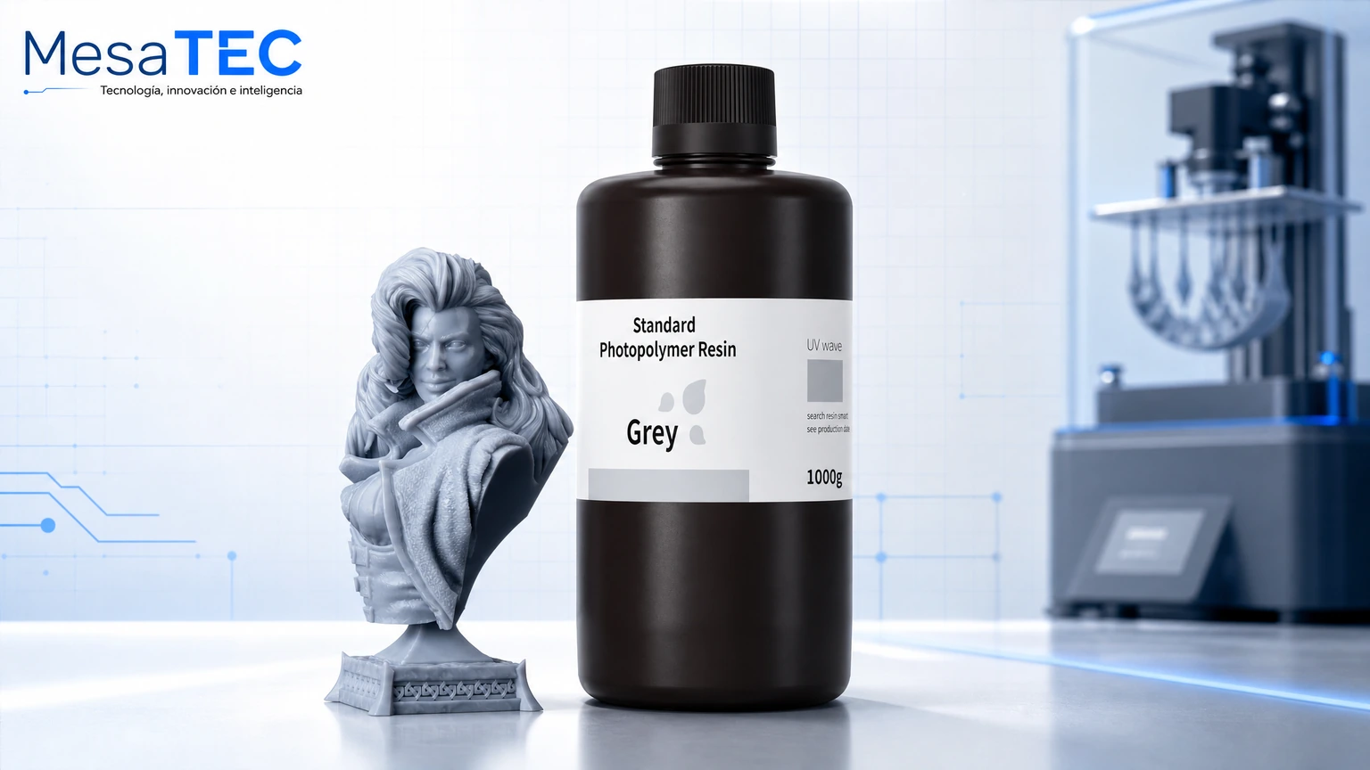ELEGOO Standard Resin Grey 1 kg 405 nm - imagen editorial MesaTEC 16:9 para resinas de impresora 3D
