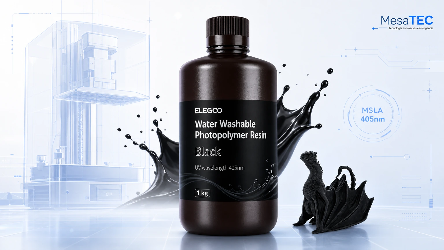 ELEGOO Water Washable Resin Black 1 kg 405 nm - imagen editorial MesaTEC 16:9 para resinas de impresora 3D