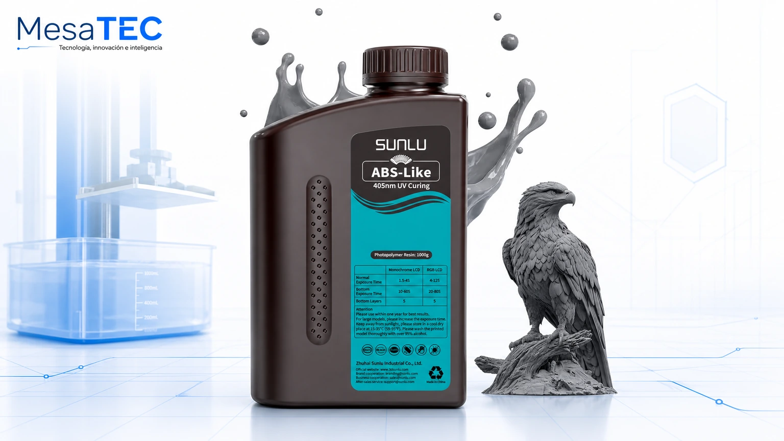 SUNLU ABS-Like Resin 1 kg Dark Grey 405 nm - imagen editorial MesaTEC 16:9 para resinas de impresora 3D