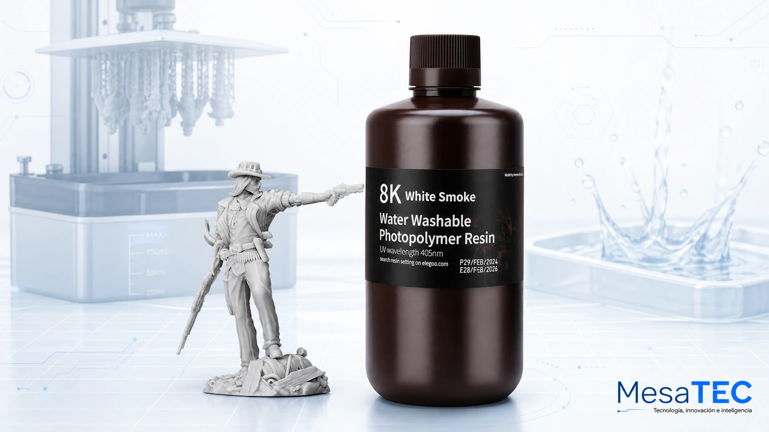 ELEGOO 8K Water Washable Resin 1 kg - imagen editorial MesaTEC 16:9 para resinas de impresora 3D