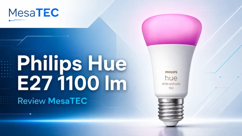 Philips Hue White and Color Ambiance E27 1100 lm — review MesaTEC con logo y texto integrado