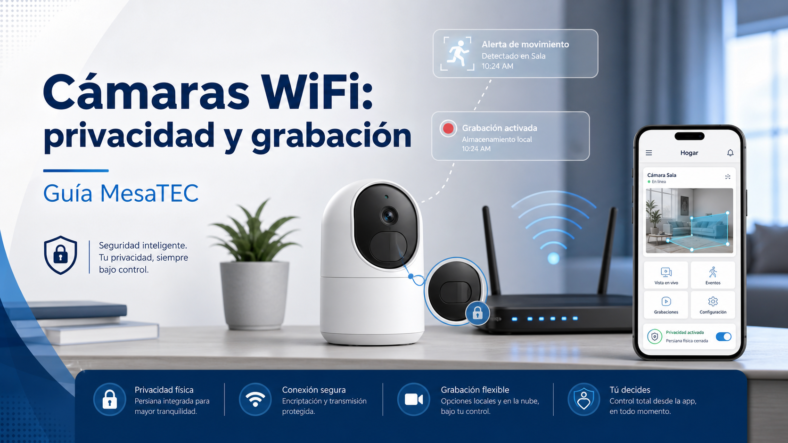 Grabación local o nube — imagen editorial MesaTEC generada con Image 2.0