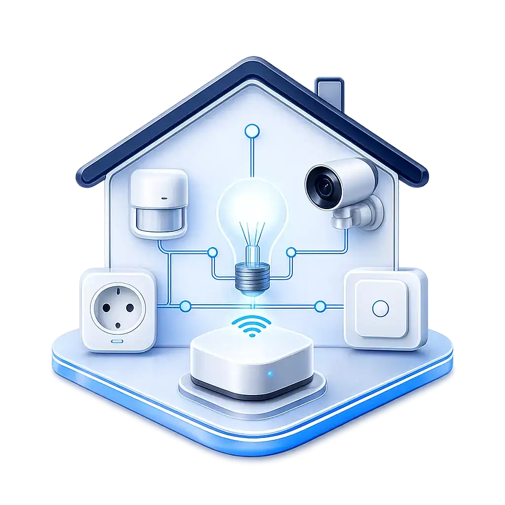 Dispositivo de hogar inteligente con luces, cámaras y enchufes conectados.