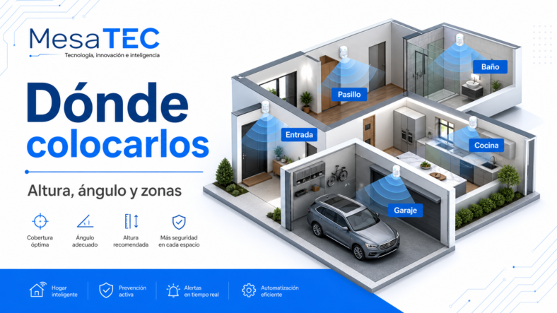 Dónde colocar sensores de movimiento — imagen editorial MesaTEC con texto integrado