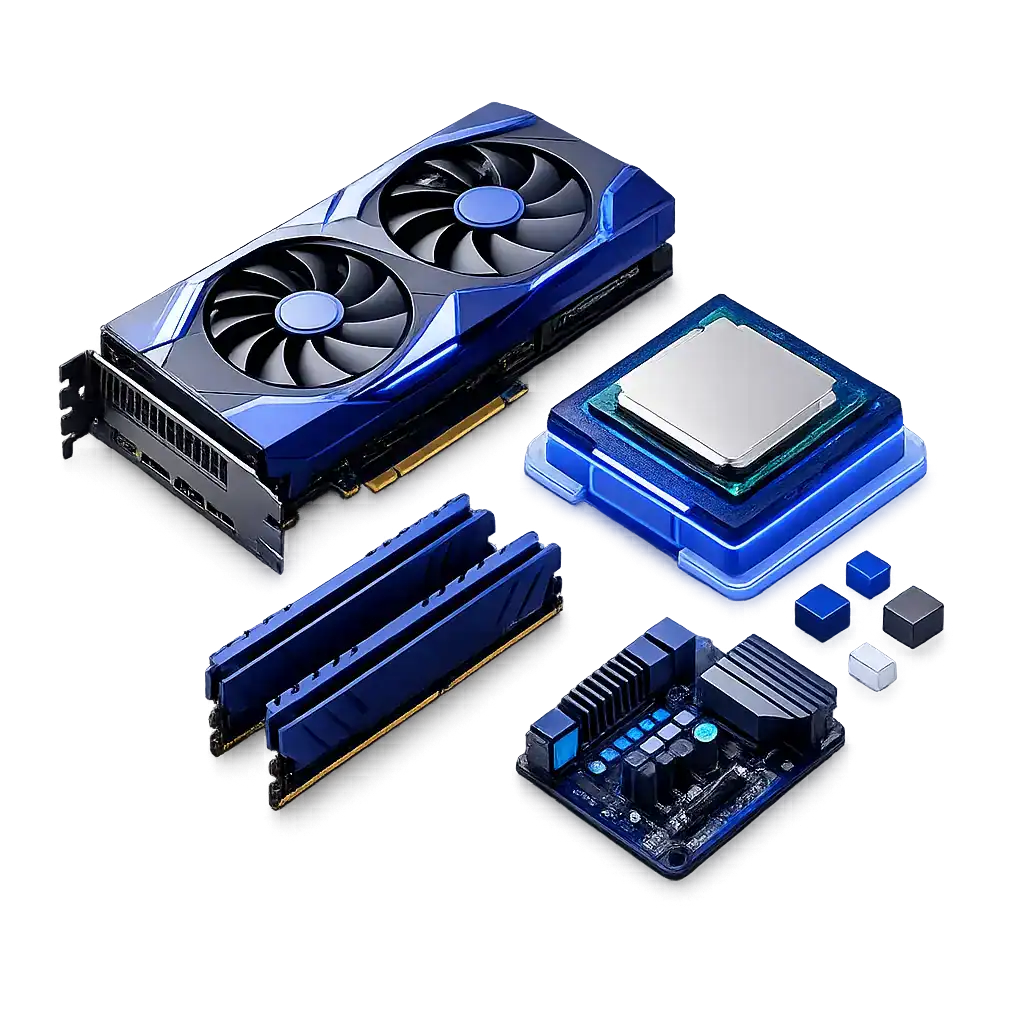 Componentes de hardware de ordenador, incluyendo tarjeta gráfica, CPU y memoria RAM.