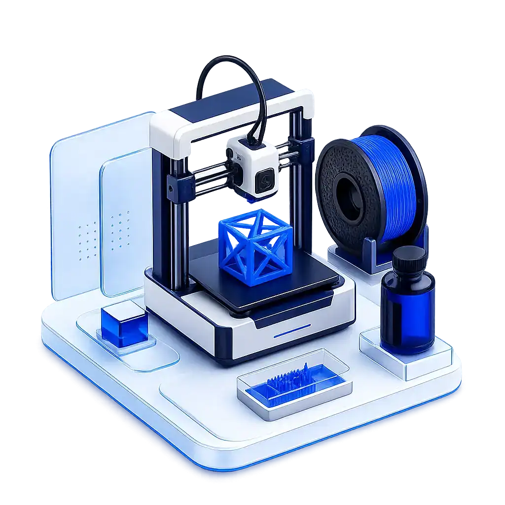 Impresora 3D en acción creando un objeto azul en un entorno de oficina moderna.