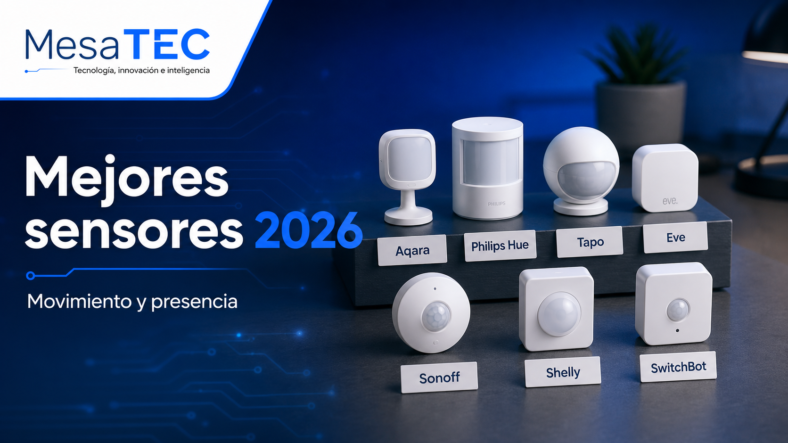 Mejores sensores de movimiento 2026 — imagen editorial MesaTEC con texto integrado