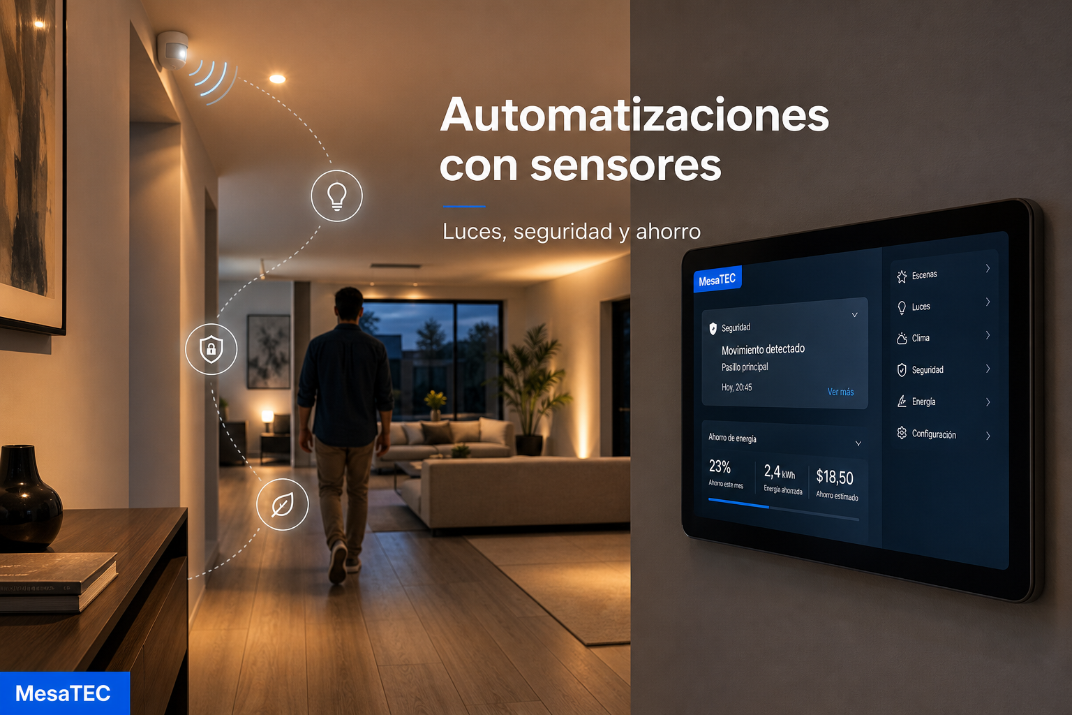 Escena única MesaTEC de automatizaciones con sensores de movimiento para luces, seguridad y ahorro