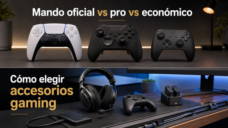 accessories guide — imagen editorial MesaTEC con consolas o productos gaming actuales, generada con Image 2.0