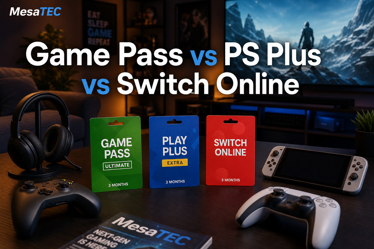 games services — imagen editorial MesaTEC con consolas o productos gaming actuales, generada con Image 2.0