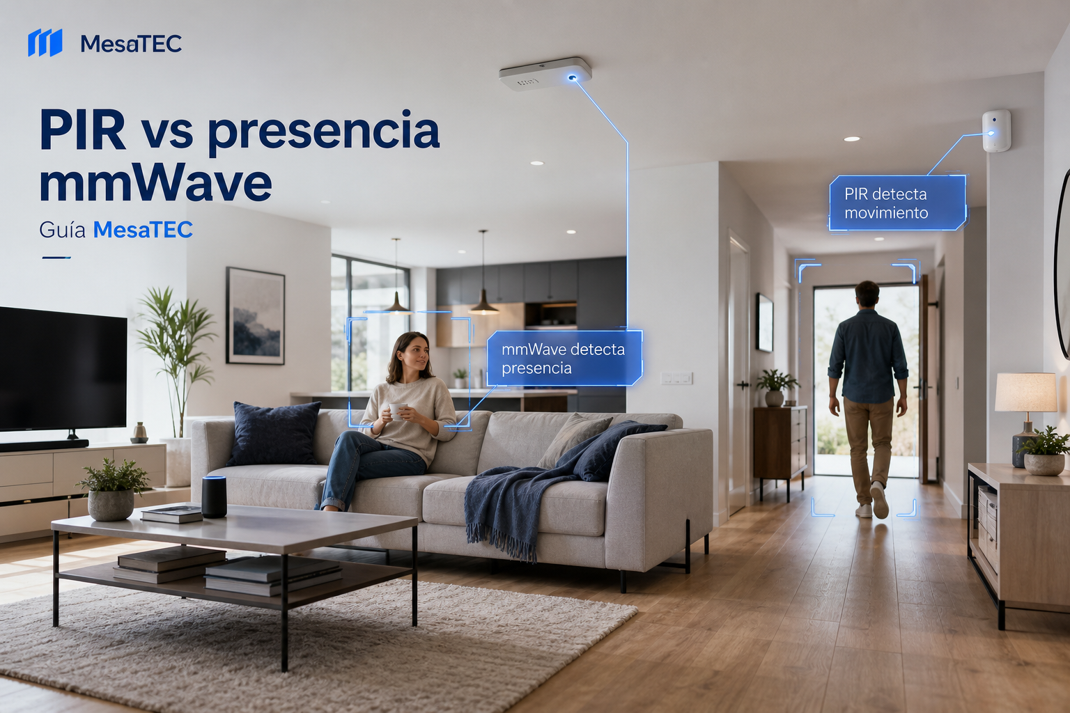 Escena única MesaTEC que compara sensor PIR y sensor de presencia mmWave en una casa inteligente
