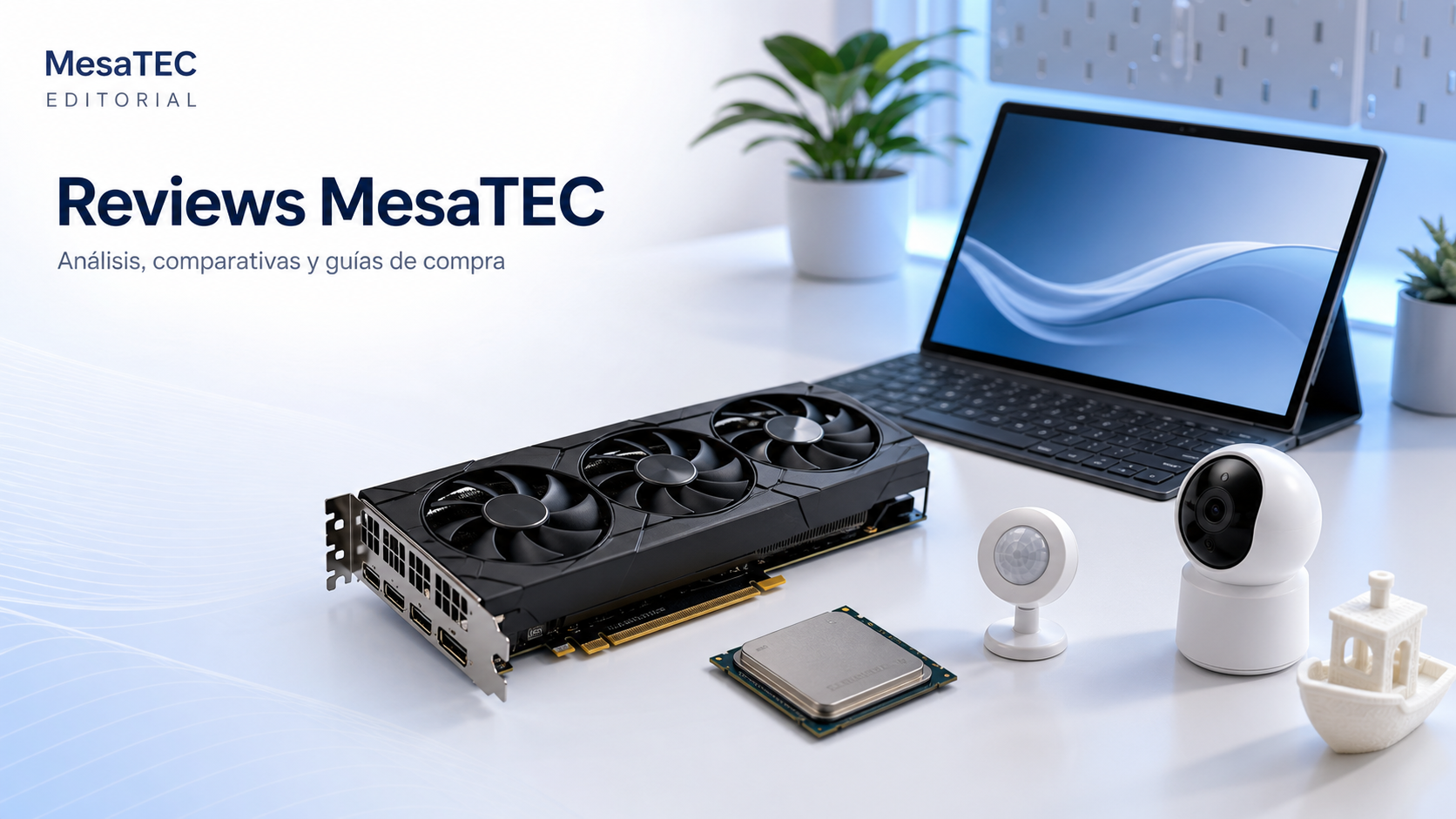 Reviews MesaTEC: hero editorial tipo cluster con análisis, comparativas y guías de compra tecnológica
