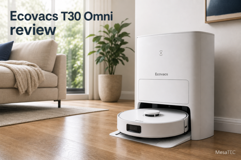 rev ecovacs — imagen editorial MesaTEC para robots aspiradores, escena única generada con Image 2.0