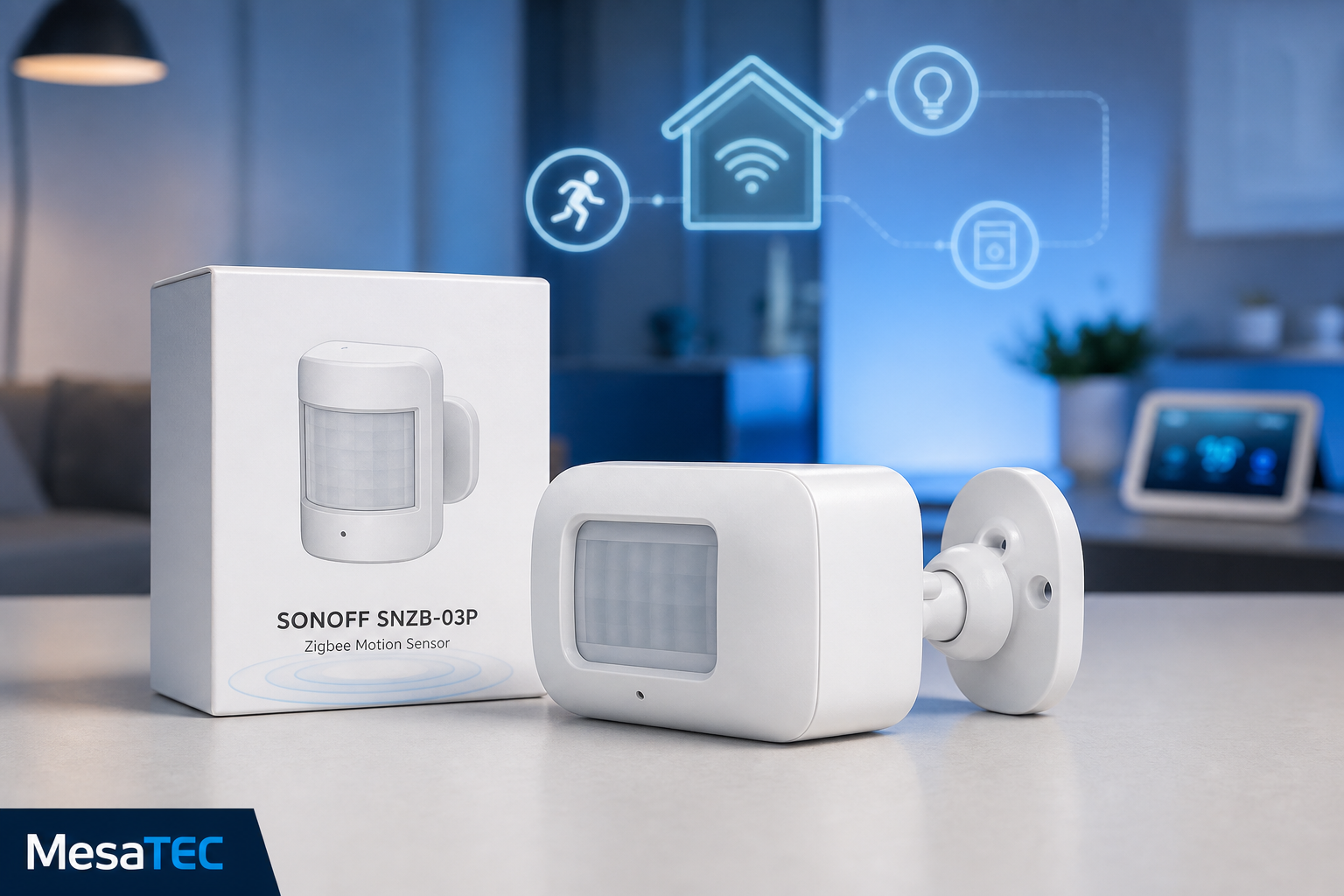 Sonoff SNZB-03P sensor de movimiento Zigbee — imagen editorial MesaTEC